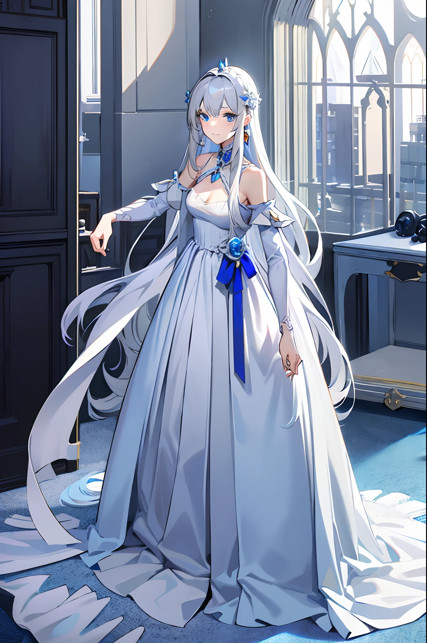 animesque、top-quality、hight resolution、Standing picture、a beauty girl、femal、princess、Glossy detailed gray hair long、Detailed white and blue dress、Detailed blue eyes、Princess Knight、Elegant、Gorgeous、elegent、A sexy、goodlooking、Gentle smile