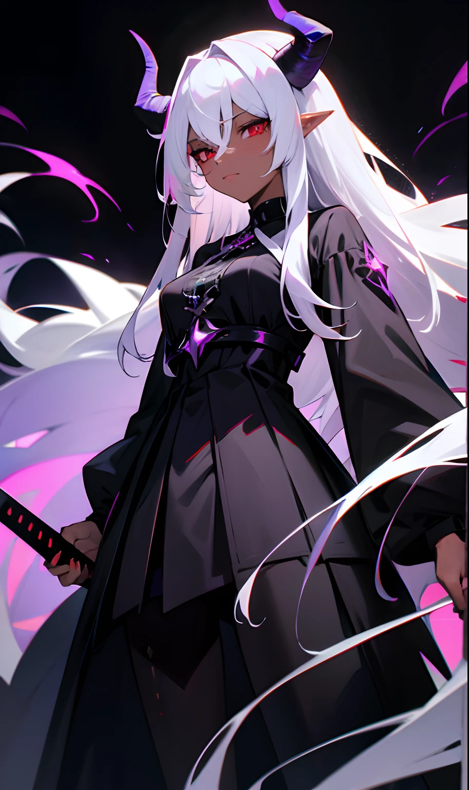 Tall woman with big chest long white hair with black demon horns on her head wearing a black outfit with horns holding a black sword with purple energy coming out of her red eyes darker skin