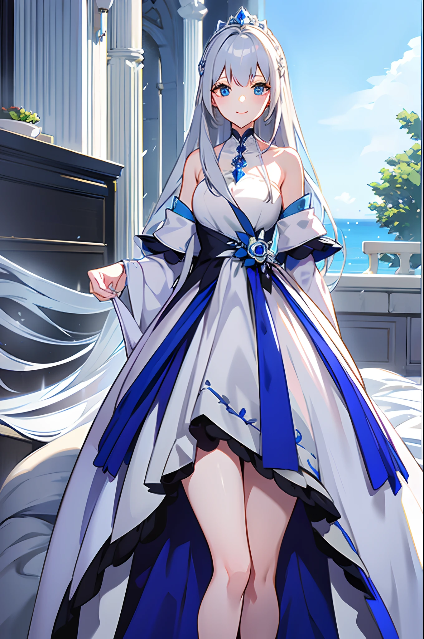 animesque、top-quality、hight resolution、Standing picture、a beauty girl、femal、princess、Glossy detailed gray hair long、White and blue dress with detailed design、Detailed blue eyes、Princess Knight、Elegant、Gorgeous、elegent、A sexy、goodlooking、Gentle smile