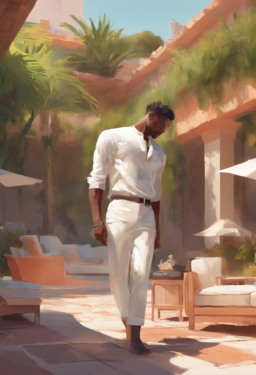 In a sunny day by the poolside, there is a handsome and playful black man. He has curly black hair and beautiful amber pupils that give his face a delicate and adorable look. The man is completely naked and he is enjoying his time by the pool. The scene is depicted with utmost precision and detail, capturing every texture and contour of his body. The image is of the highest quality, with Ultra HD resolution that allows for a stunning level of realism. The lighting is carefully set to create a vibrant and vivid atmosphere, emphasizing the vibrant colors and bringing the whole scene to life. This artwork is a true masterpiece, showcasing the artist's skill and attention to detail.