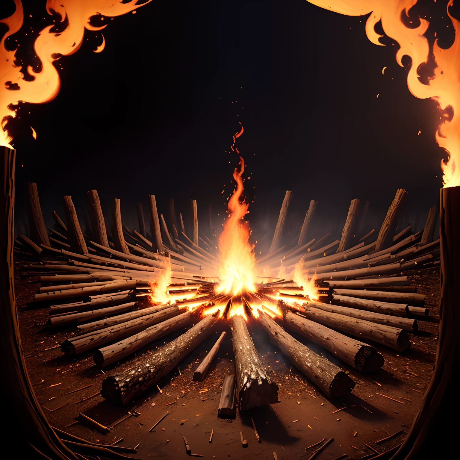 A background consisting of smoke farthest back, with embers in frint of it, and a few burning/burnt broken logs in a circle, but not obstructing the center