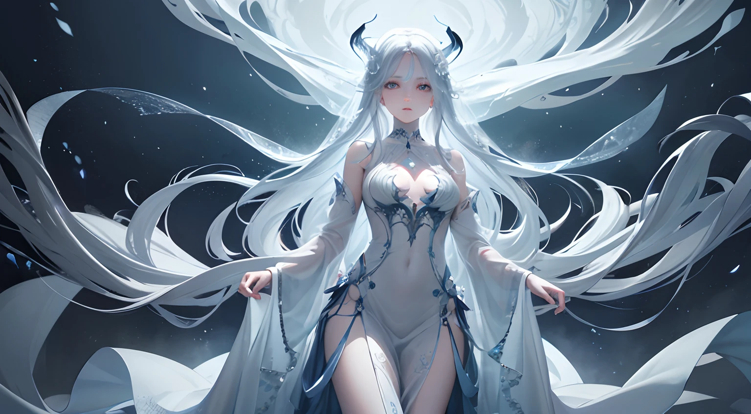A beautiful girl with a ghostly presence, full body, beautiful body, hauntingly beautiful eyes, flowing hair, and a serene expression emerges from the mist. Its transparent figure creates an otherworldly atmosphere, delicate lips, intricate details and long eyelashes. Image quality is of the highest standard, with ultra-detailed rendering and sharp focus.