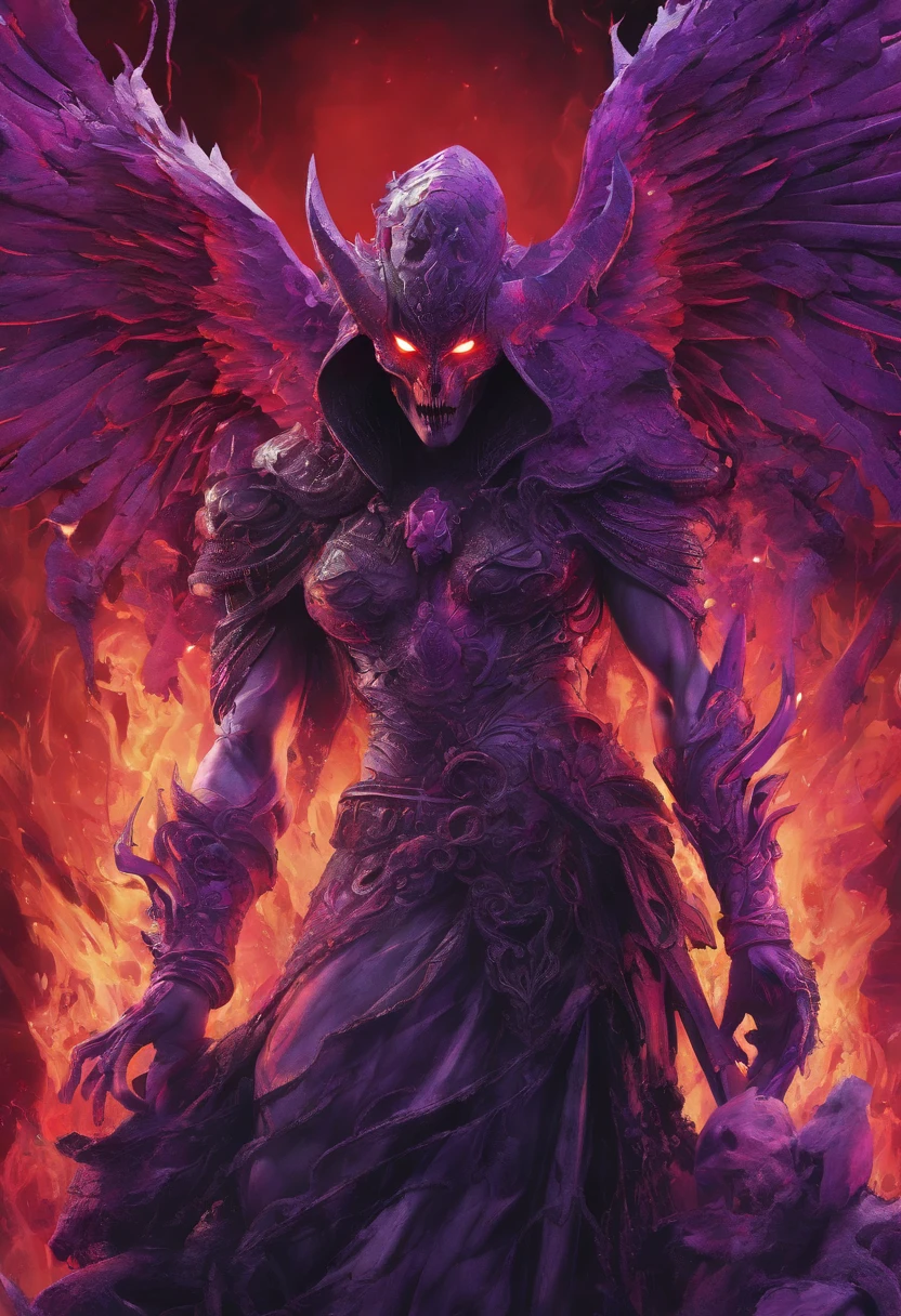 (best quality,4k,8k,highres,masterpiece:1.2),ultra-detailed,(realistic,photorealistic,photo-realistic:1.37),evil demon with glowing purple abyssal powers,casting mystic soul spells,handsome demon,large jagged demonic horns,massive demon angel wings,dark and ominous atmosphere,sinister grin,piercing glowing red eyes,demonic aura,enchanting purple mist,shadowy background,epic and dramatic lighting,otherworldly beauty,dramatic pose,fiery brimstone backdrop