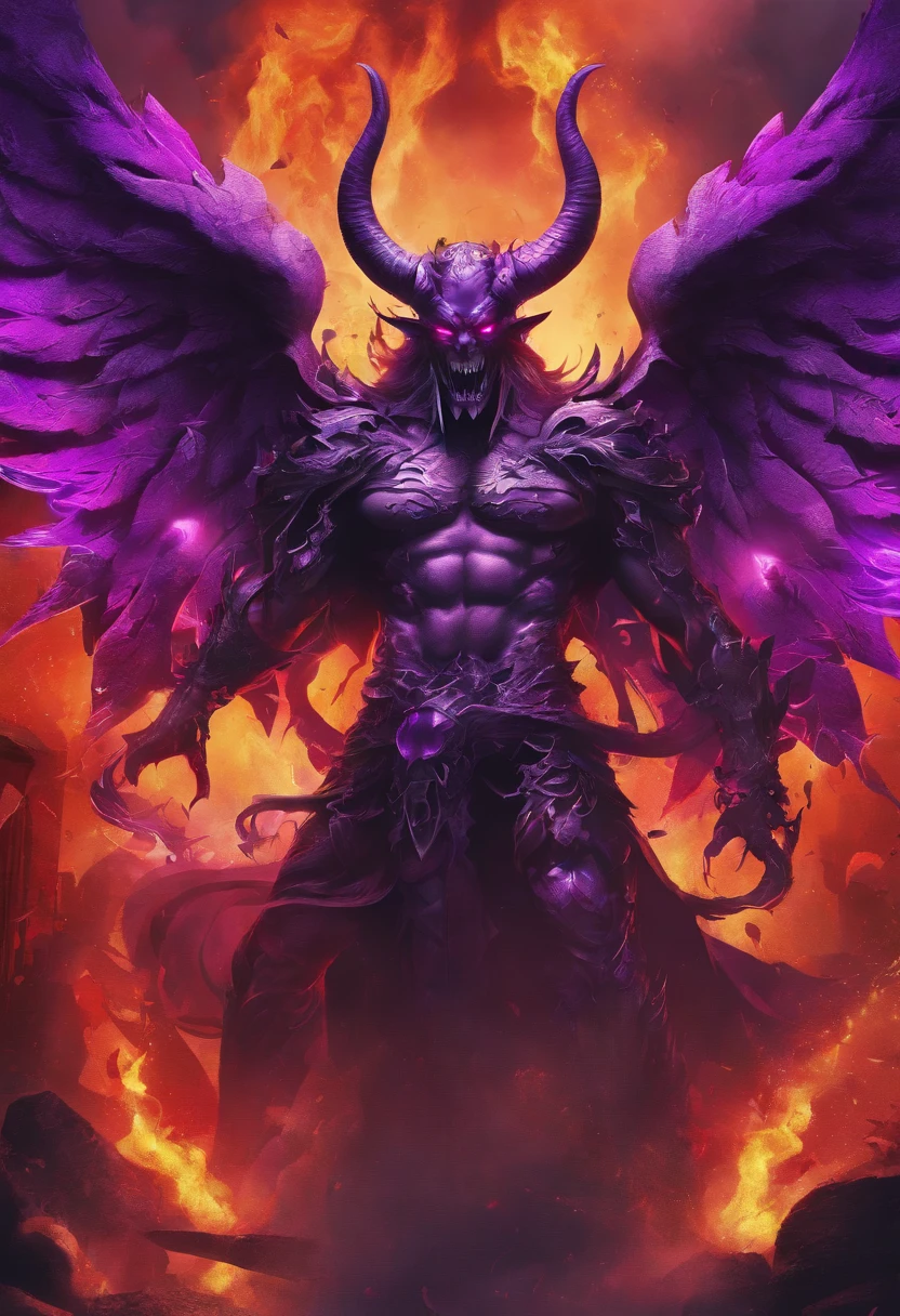 (best quality,4k,8k,highres,masterpiece:1.2),ultra-detailed,(realistic,photorealistic,photo-realistic:1.37),evil demon with glowing purple abyssal powers,casting mystic soul spells,handsome demon,large jagged demonic horns,massive demon angel wings,dark and ominous atmosphere,sinister grin,piercing glowing red eyes,demonic aura,enchanting purple mist,shadowy background,epic and dramatic lighting,otherworldly beauty,dramatic pose,fiery brimstone backdrop