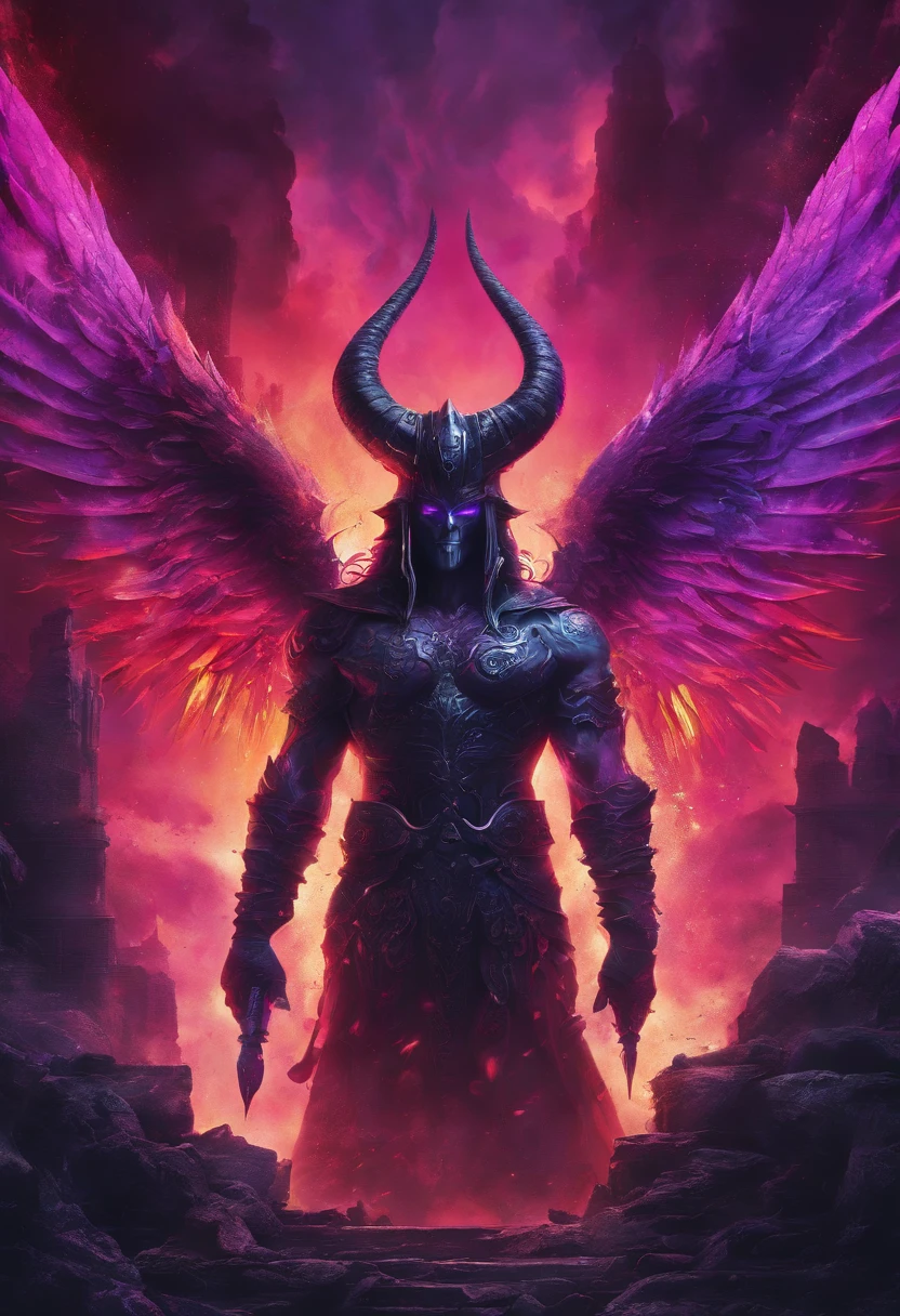 (best quality,4k,8k,highres,masterpiece:1.2),ultra-detailed,(realistic,photorealistic,photo-realistic:1.37),evil demon with glowing purple abyssal powers,casting mystic soul spells,handsome demon,large jagged demonic horns,massive demon angel wings,dark and ominous atmosphere,sinister grin,piercing glowing red eyes,demonic aura,enchanting purple mist,shadowy background,epic and dramatic lighting,otherworldly beauty,dramatic pose,fiery brimstone backdrop