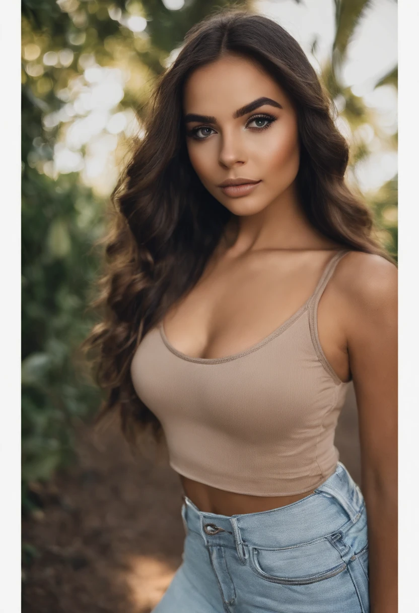 Arafed mulher com regata e calcinha de burro, Menina sexy com olhos castanhos, Retrato Sophie Mudd, cabelos castanhos e olhos grandes, selfie de uma jovem mulher, Camera eyes, Violeta Myers, sem maquiagem, Maquiagem natural, staring directly at camera, Rosto com Artgram, Maquiagem sutil, Great full body photo, no quarto, clivagem, seios, Latim