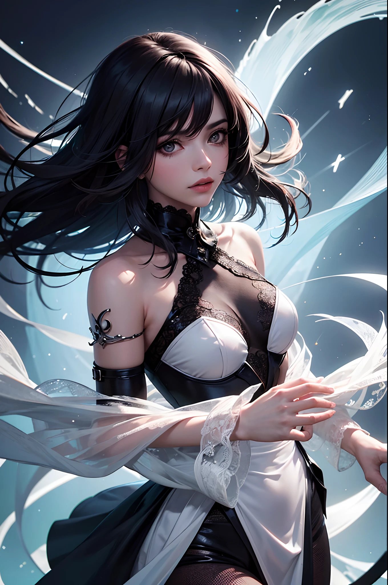 (melhor qualidade,4k,Altas,master part:1.2),ultra-detalhado,Realistic:1.37,illustration,fantasia sombria,demoniaca,divino,retrato,Encantadora,Charismatic,dramatic lighting,long flowing black hair,piercing detalhado olhos vermelhos,Serious expression,figura voluptuosa,enorme capa preta envolvendo todo o seu corpo,Asas Negras,sombrio,emocionante