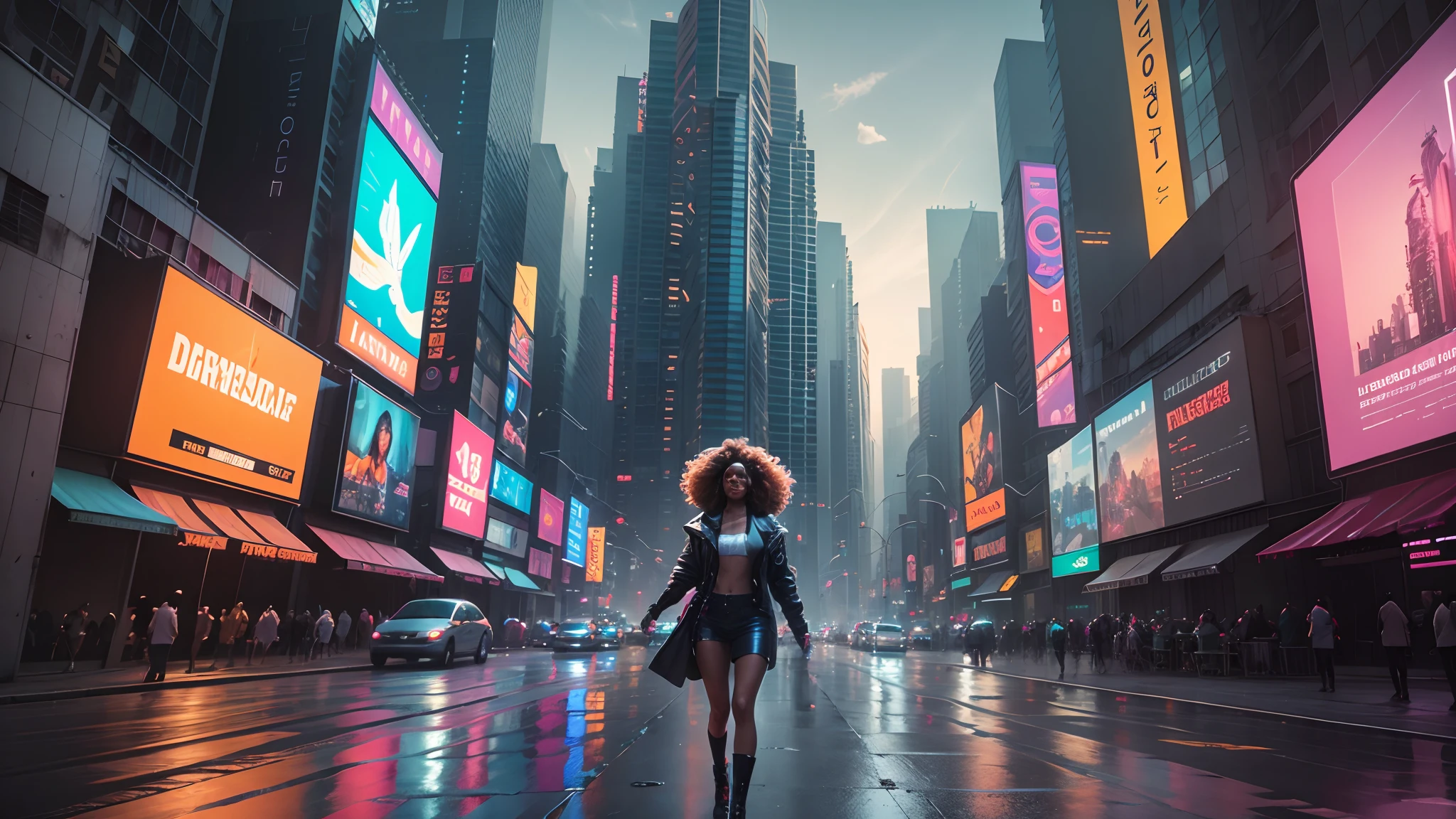 Tina Turner strolling through a futuristic, cyberpunk version of New York, Holographic billboards and flying cars in neon-lit sky, Reflecting its timeless charisma in a high-tech metropolis, arte digital, Mixed media with 3D elements, --auto --s2