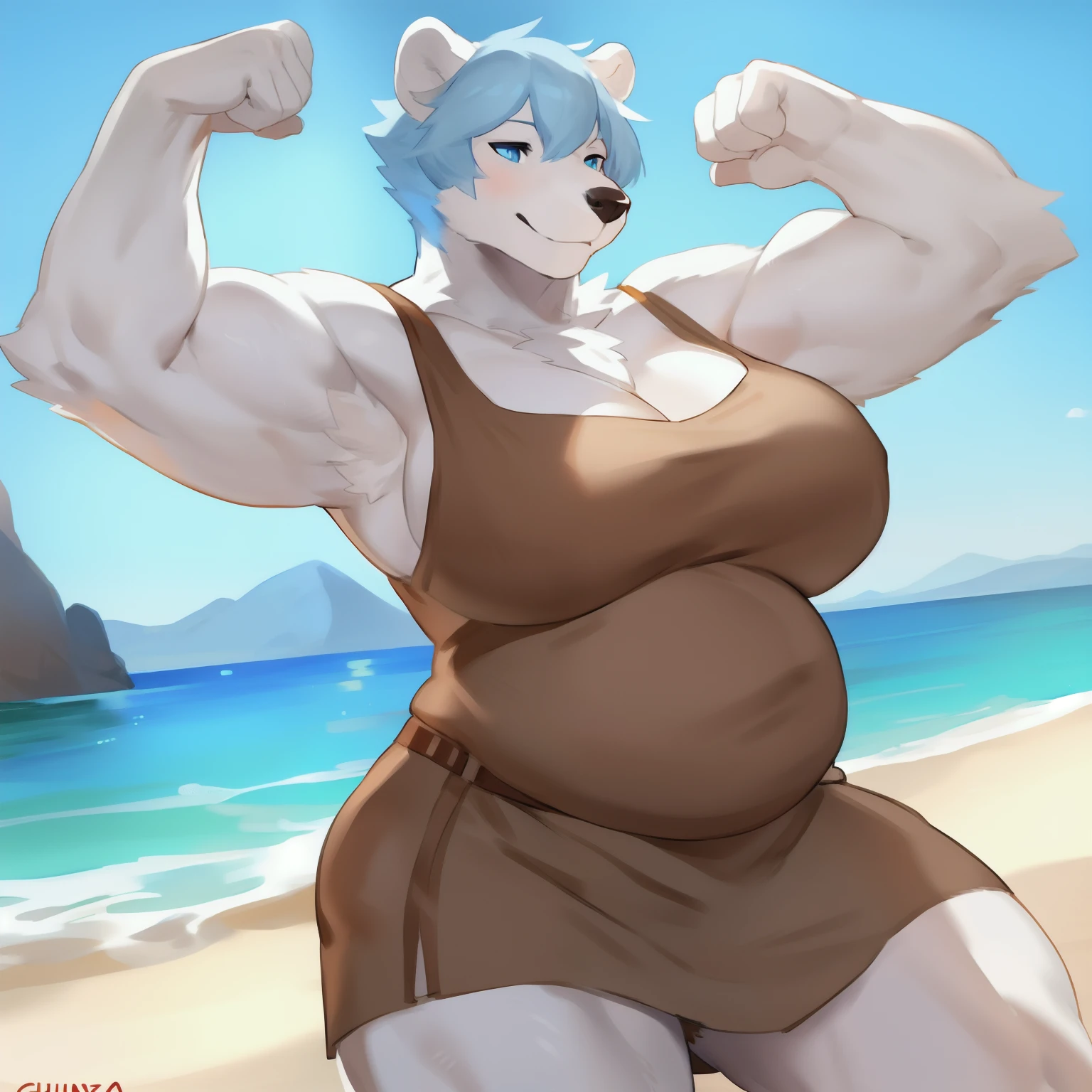 By bebebebebe, by buta99, by chunie, by sonsasu, by danza, solo, female, muscular, giant, massive, enormous, gigantic, buff, biceps, musclegut, pubes, crotch hair, armpit hair, chubby, muffintop, hair, short hair, light blue hair, dark blue eyes, polar bear, big breasts, flexing, linen tunic