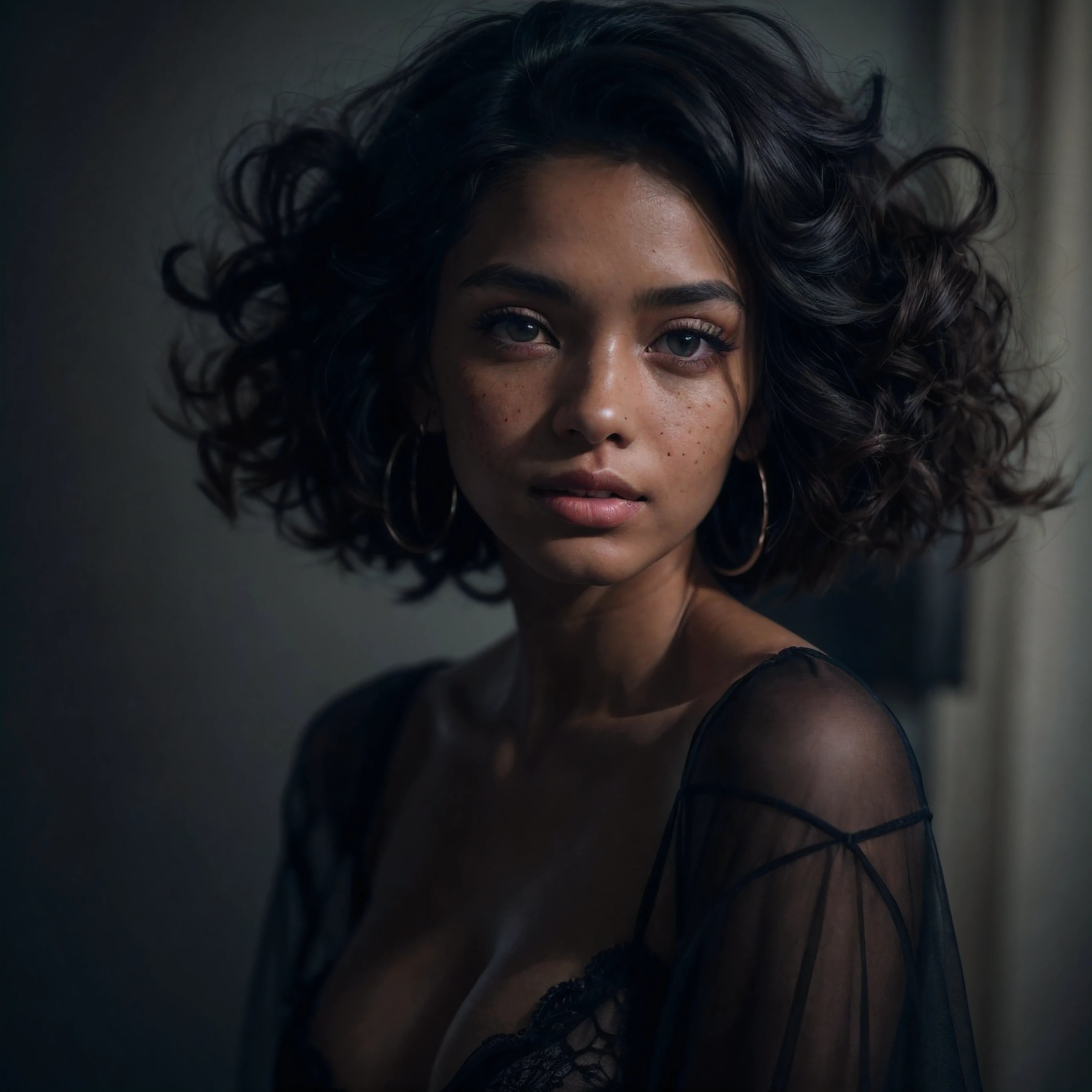 An exquisite portrait of an adult woman in a see-through dress, light reveals her silhouette through the flowy dress, (plain background), the photograph captured in stunning 8k resolution and raw format to preserve the highest quality of details. The woman's beauty is undeniable. She wears a deep cut dress that complements her radiant skin, and her eyes are portrayed with meticulous attention to detail, showcasing the captivating depth within. The photograph is taken with a lens that emphasizes the gentle smile in her eyes, and the backdrop is a dark room setting that enhances the muted colors of the scene. The lighting and shadows are expertly crafted to bring out the richness of her skin tone and the subtle nuances of her features. Her coal black hair, with its distinct hue, adds contrast against her skin. The interior setting adds a sense of intimacy, while the freckles on her skin tell their own story. The overall composition captures her essence with authenticity and grace, creating a portrait that is a celebration of her heritage and beauty. Photography utilizing the best techniques for shadow and lighting, to create a mesmerizing portrayal that transcends the visual, slightly tilted head, (extreme details:1.4)