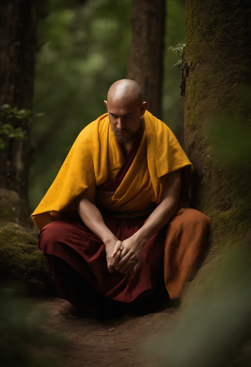 (Foto realista) Retrato de um monge, Monk in Fighting Position, roupa Longa, roupa preta, Faixa amarela na cintura, detalhes, perfeito, fundo com a natureza, fundo natureza, cinematiclight, Cinematic contrast, Emphasis on Pose, corpo inteiro.