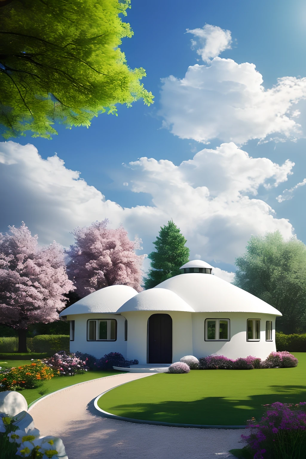 Ultra high resolution, best quality, photo, 4k, (Realistic:1.4), round-shaped cottage, space-age architecture, detailed, white stucco with black trim, landscaped perfectly, beautiful trees, springtime, flowers, fluffy clouds, soft focus, misty, surreal scene