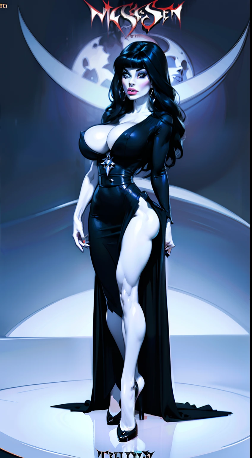 ((full body view:1.2)), ((Elvira The Mistress of Darkness)) (Cassandra Peterson), (pale skin:1.2), (white skin:1.5), ((front view:1.3)), pale face, (puffy lips:1.4), (exposed torso:1.4),(black dress), ((long dress over legs:1.3)), ((dress covers legs:1.1)), (gigantic breasts:1.6), design sheet, masterpiece, (slendered abs:1.2) ,detailed , shiny skin, beautiful lighting from the side, harsh light,epic pose, dynamic movie poster