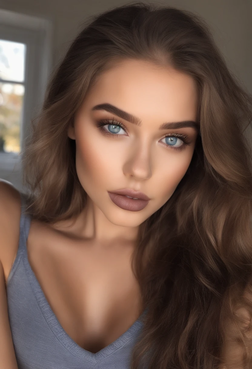 Arafed woman completely , fille sexy aux yeux bleus, ultra realist, Meticulously detailed, Portrait Sophie Mudd, cheveux blonds et grands yeux, selfie of a young woman, Yeux de chambre, Violet Myers, sans maquillage, maquillage naturel, looking straight at camera, Visage avec Artgram, Maquillage subtil, Great photo of the whole body kneeling on the bed, grandes hanches, Very large bust, dans la chambre, Dressed in sportswear