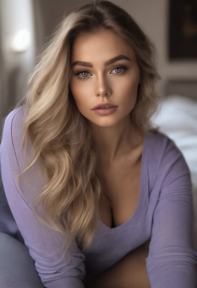 Arafed woman completely , fille sexy aux yeux bleus, ultra realist, Meticulously detailed, Portrait Sophie Mudd, cheveux blonds et grands yeux, selfie of a young woman, Yeux de chambre, Violet Myers, sans maquillage, maquillage naturel, looking straight at camera, Visage avec Artgram, Maquillage subtil, Great photo of the whole body kneeling on the bed, grandes hanches, Very large bust, dans la chambre, Dressed in sportswear