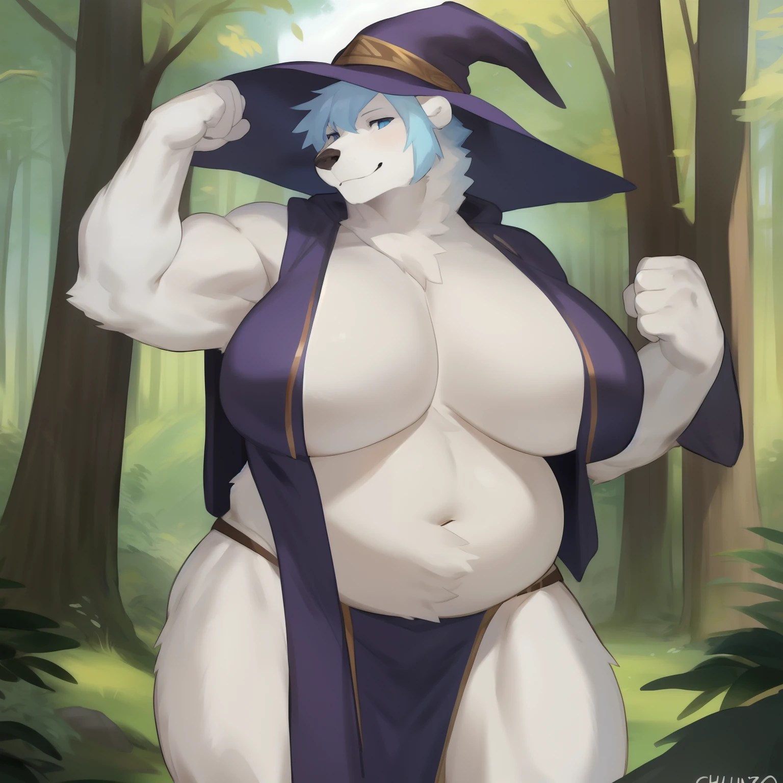 By bebebebebe, by buta99, by chunie, by sonsasu, by danza, solo, female, muscular, giant, massive, enormous, gigantic, buff, biceps, musclegut, chubby, muffintop, hair, short hair, light blue hair, dark blue eyes, polar bear, big breasts, flexing, wizard robes, wizard hat, forest