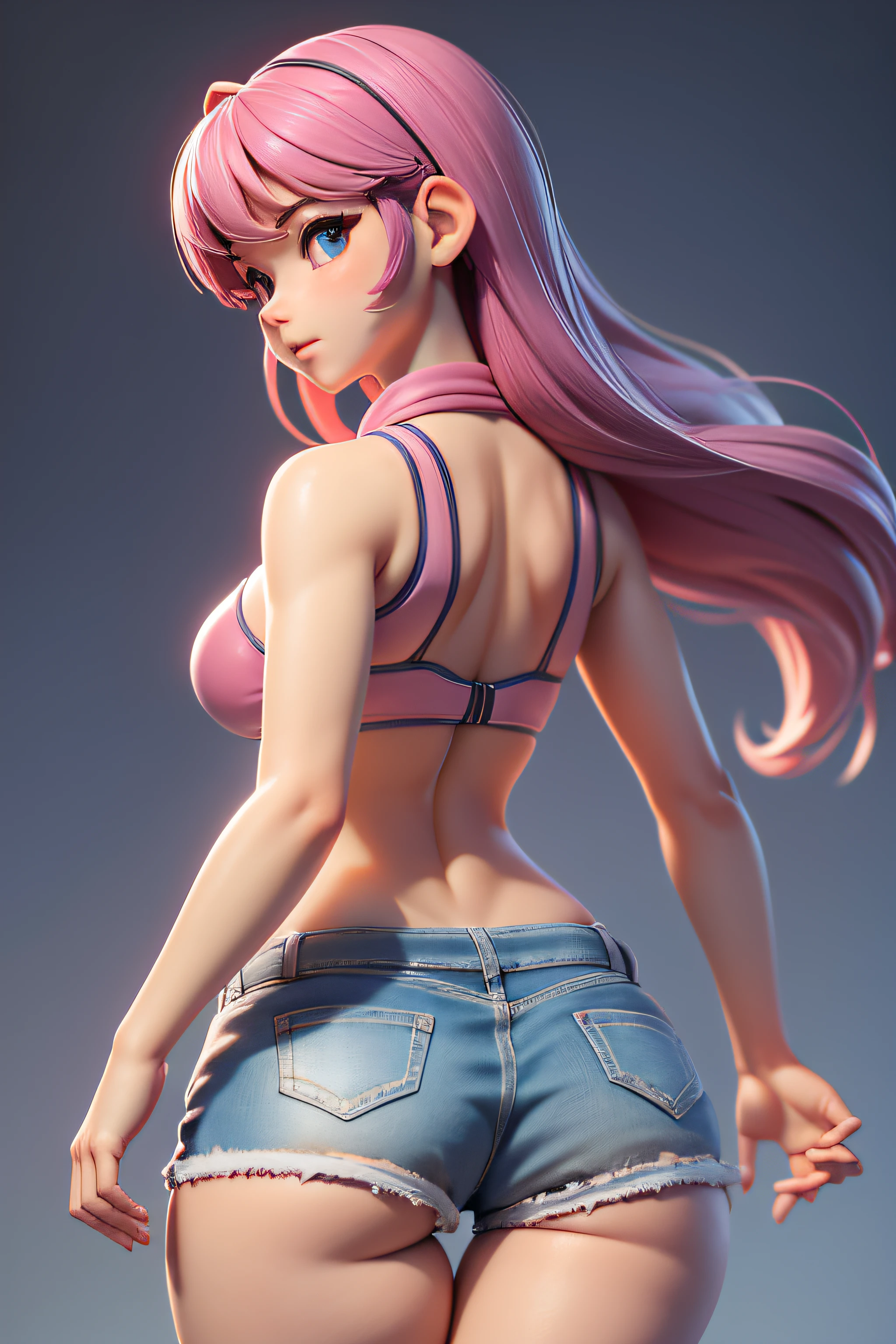 Mini sakura, (Sakura), solo, ray tracing, Estilo 3D, 3DMM, ((3 poses por foto)), ((3 poses em cada foto)), corpo inteiro,(Front view),(back vision), (view on the left),shorts muito curto jeans na cintura, mostrar barriga lisa, (((3 poses por foto))),(seios muito grandes), barriga perfeita, Perfect and symmetrical eyes, (perfect hands), over all view, capa cobrindo o corpo