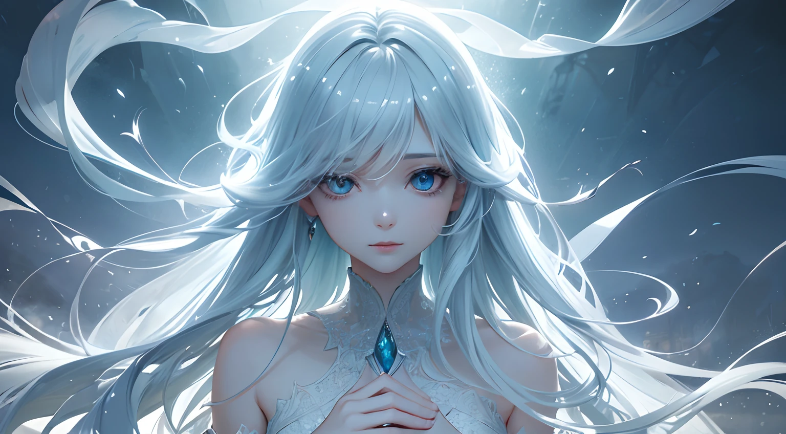A beautiful girl with a ghostly presence, hauntingly beautiful eyes, ethereal glow, flowing hair, and a serene expression emerges from the mist. Her transparent figure creates an otherworldly atmosphere, blending seamlessly with the mystical surroundings. The girl's refined features captivate the viewer, showcasing delicate lips, intricate details, and long eyelashes. The image quality is of the highest standard, with ultra-detailed rendering and sharp focus. The color palette exudes a dreamlike quality, with soft hues and subtle variations. The lighting emphasizes the girl's ethereal nature, casting gentle rays that create a soft glow. The artwork combines elements of a portrait with a touch of the supernatural, resulting in a mesmerizing blend of beauty and mystery.