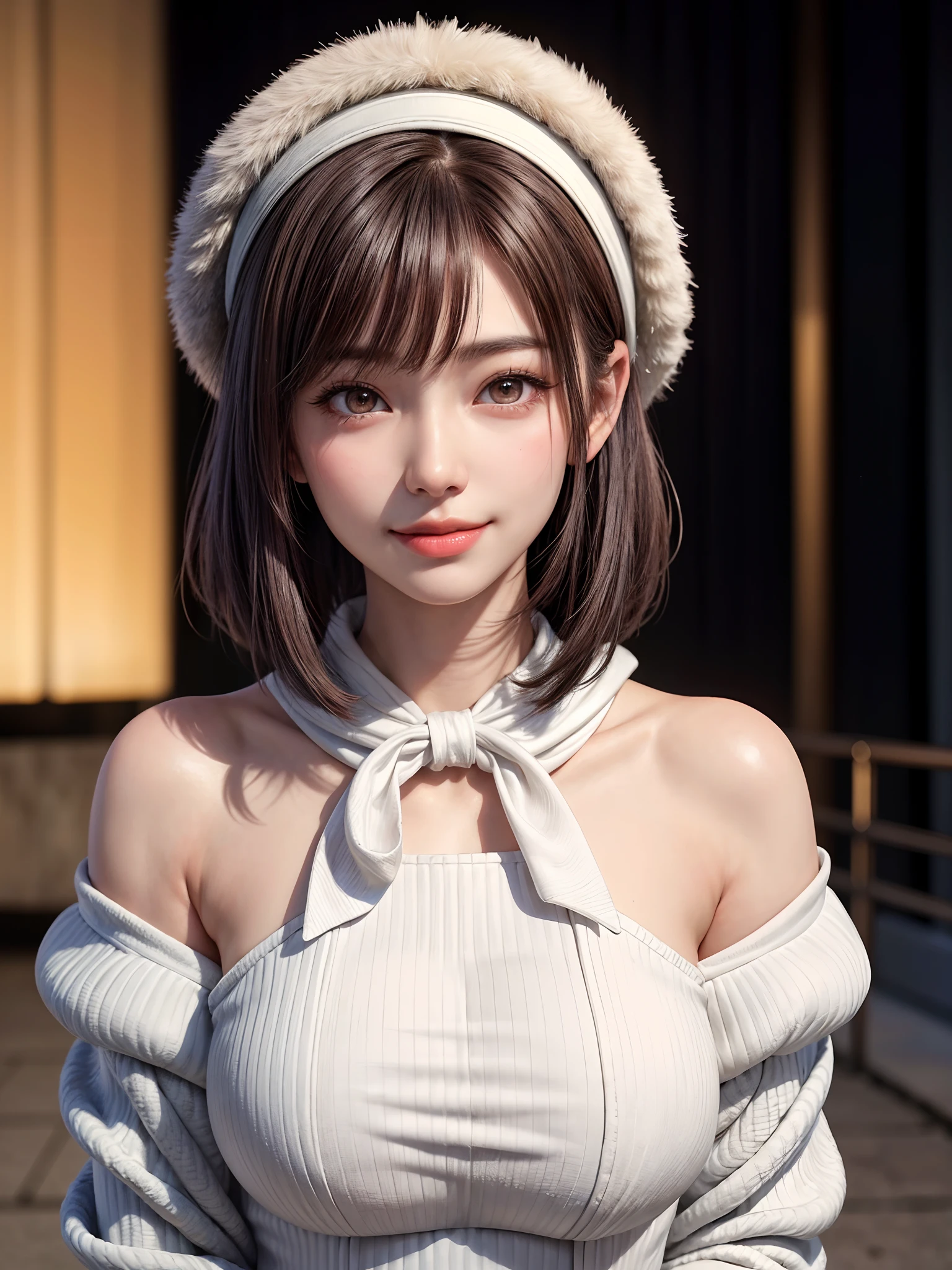 (masterpiece, top-quality、Beautiful woman full of adult charm8),1girl in, 独奏, A dark-haired, scarf, Hats,, realisitic, looking at the viewers, black eyes of light color, shorth hair, coat, Winter clothes, White headscarf, s lips, lipgloss,bangss,, a closed mouth, The upper part of the body、big eye、Lashes、((Street))、((Shorthair with bangs、big eye、Put very strong highlights in your students、very Bigger breasts、gazing at viewer、Very beautiful beauty、Put your ears out、long neck、little smiling、Close your mouth and smile)))、28 year old、Cute supermodels