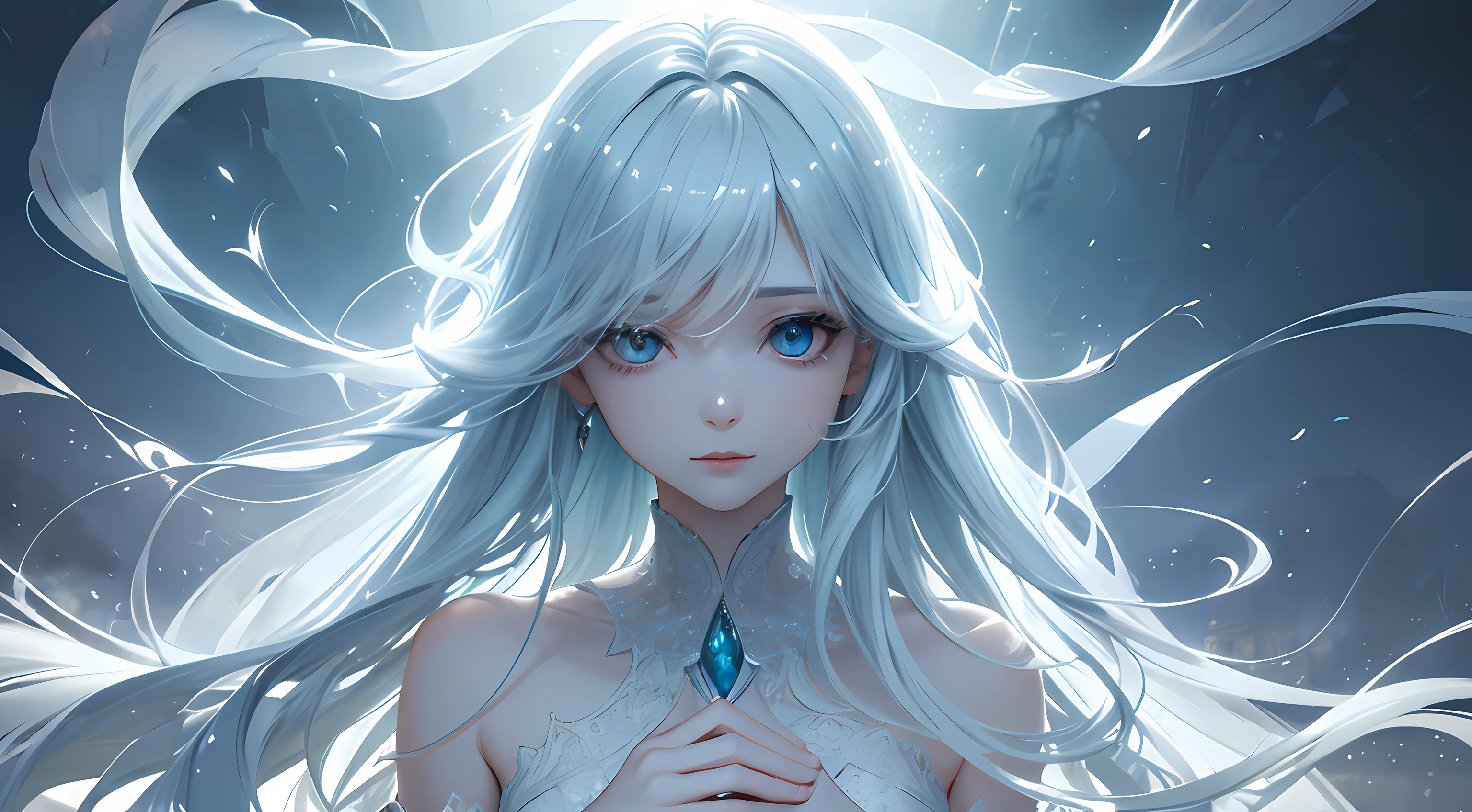 A beautiful girl with a ghostly presence, hauntingly beautiful eyes, ethereal glow, flowing hair, and a serene expression emerges from the mist. Her transparent figure creates an otherworldly atmosphere, blending seamlessly with the mystical surroundings. The girl's refined features captivate the viewer, showcasing delicate lips, intricate details, and long eyelashes. The image quality is of the highest standard, with ultra-detailed rendering and sharp focus. The color palette exudes a dreamlike quality, with soft hues and subtle variations. The lighting emphasizes the girl's ethereal nature, casting gentle rays that create a soft glow. The artwork combines elements of a portrait with a touch of the supernatural, resulting in a mesmerizing blend of beauty and mystery.