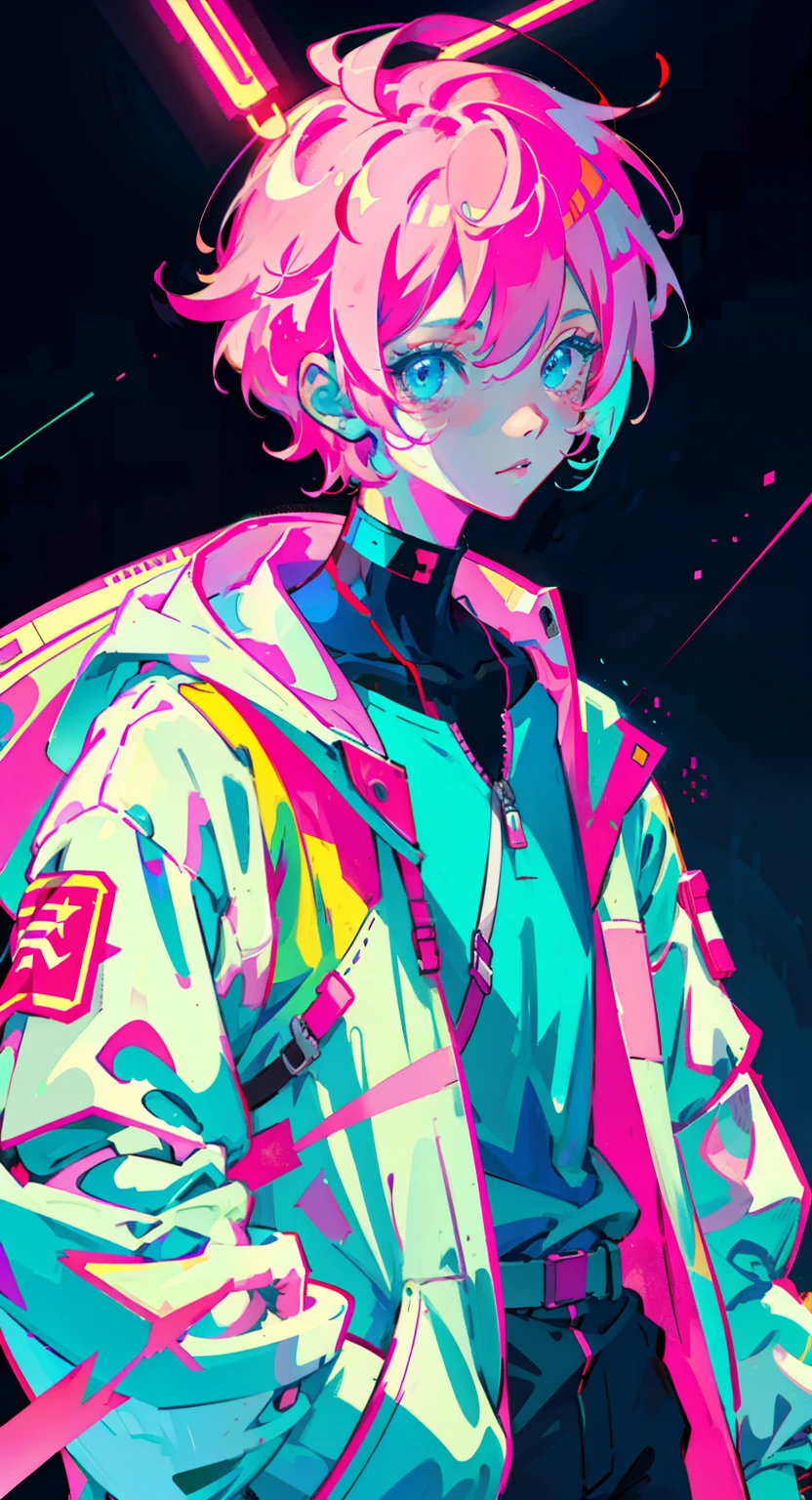 anime boy, wearing astronaut suit, neon pink and blue colors, scars, stickers, neon style of whole shot, cool pose