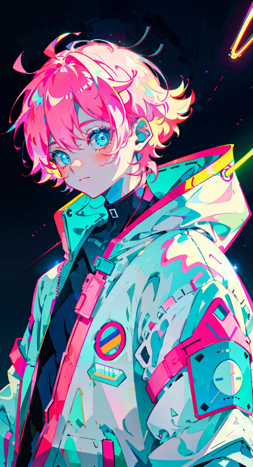 anime boy, wearing astronaut suit, neon pink and blue colors, scars, stickers, neon style of whole shot, cool pose