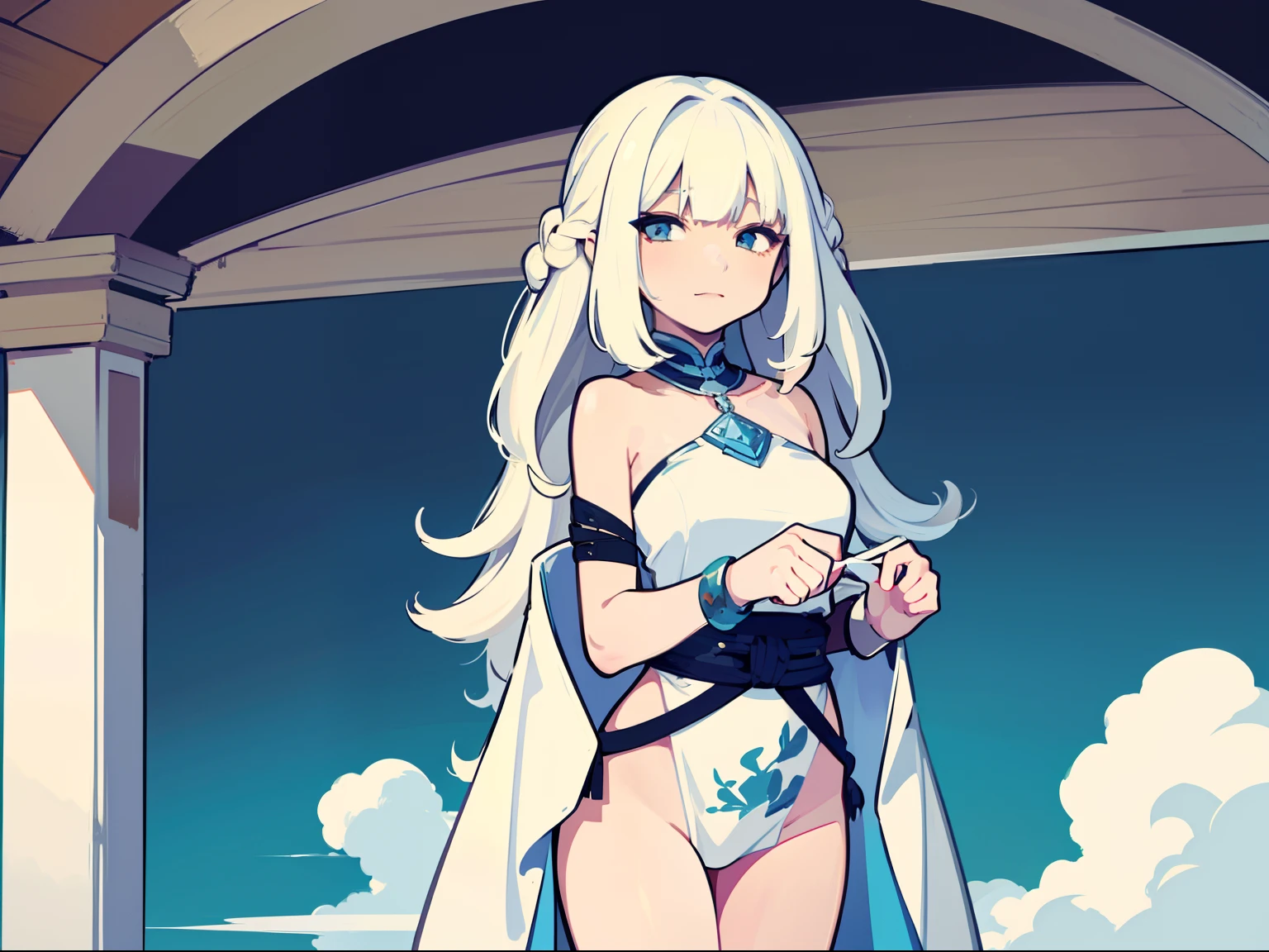 a matural female，Parted bangs，White color hair，Long hair with micro-curls，Standing painting，Character drawings，front-facing view，Tall one，Fantasy style costumes