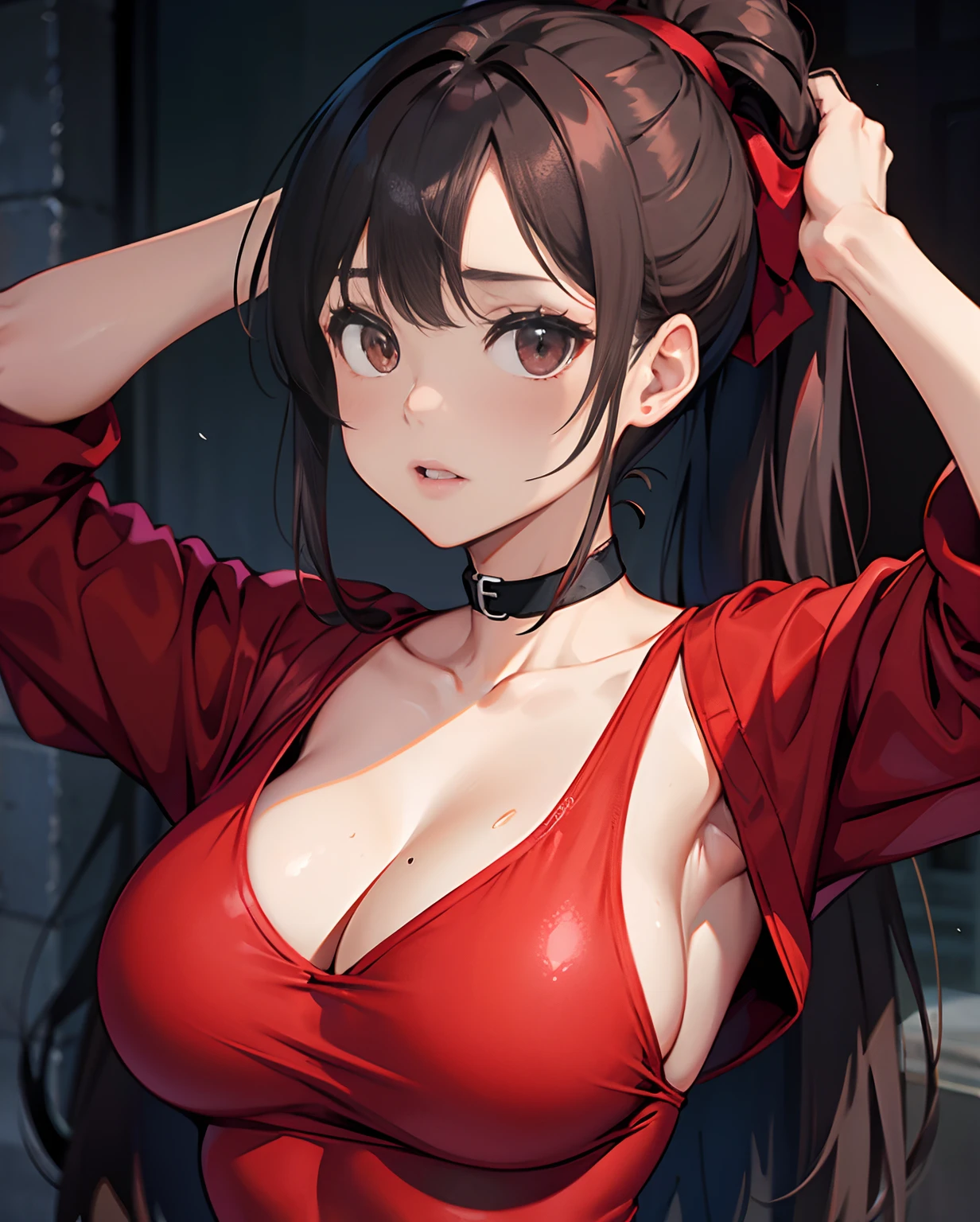 Close-up of a dark-haired woman in a red one-piece tights with a ponytail,