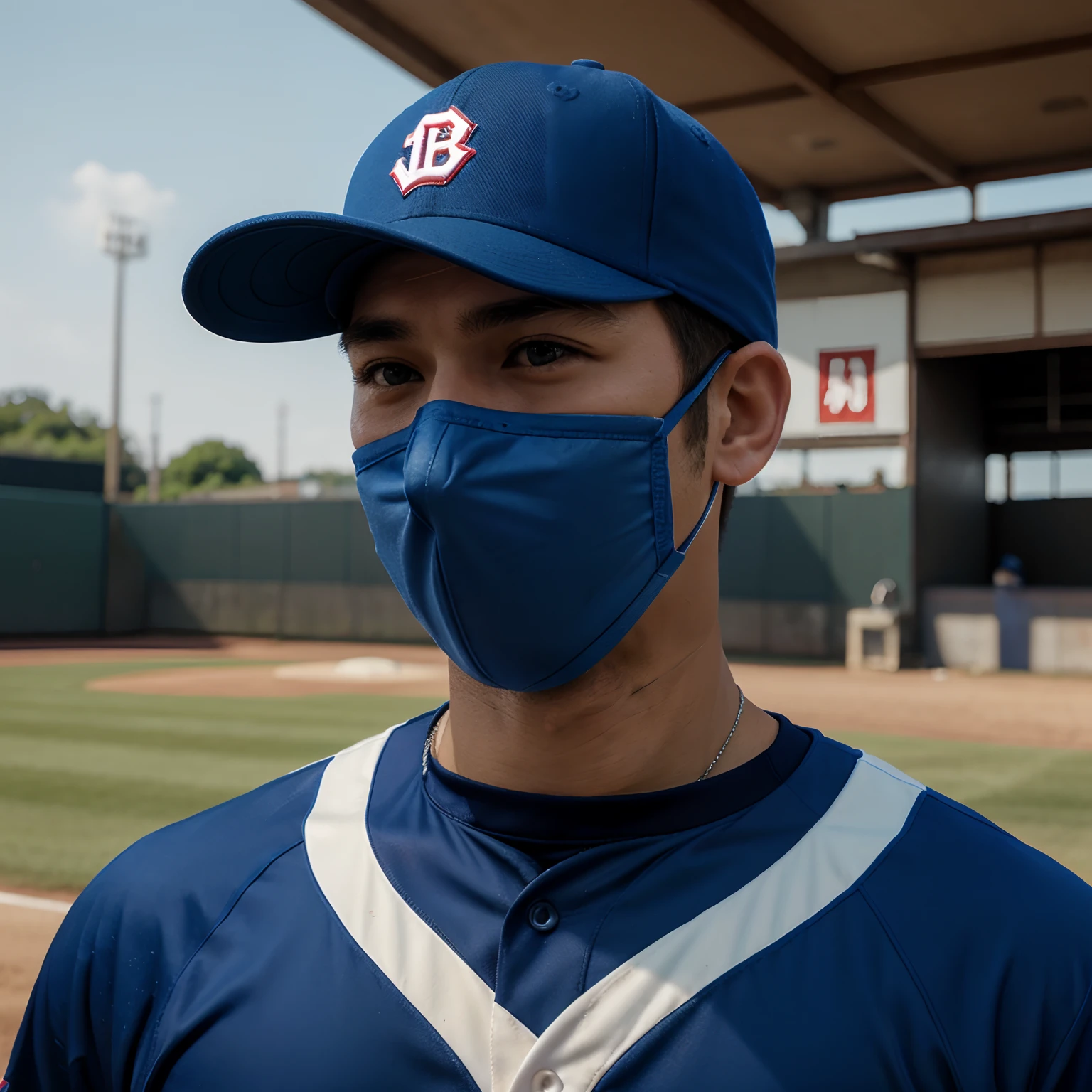 1man, solo, baseball, basball cap, body, japan, blue color, baseball background style, wearing a nose mask masterpiece, uniform, ultra hd quality, 32k, photography, realistic faces.