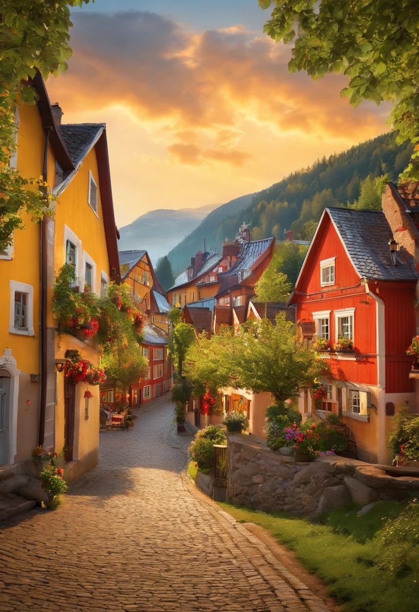 ((masterpiece)), ((best quality)), 8k, high detailed, ultra-detailed, A picturesque scene of a Swedish village. The village is nestled in a valley surrounded by lush green hills. The streets are lined with colorful wooden houses, each adorned with traditional Swedish decorations. The houses have sloping roofs and are painted in vibrant shades of red, yellow, and blue. In the center of the village, there is a charming town square with a fountain and a statue of a famous Swedish poet. The streets are cobblestone, and there are bicycles parked along the sidewalks. In the distance, you can see a serene lake shimmering under the golden rays of the setting sun. The sky is dotted with fluffy white clouds, and birds are chirping happily in the trees.