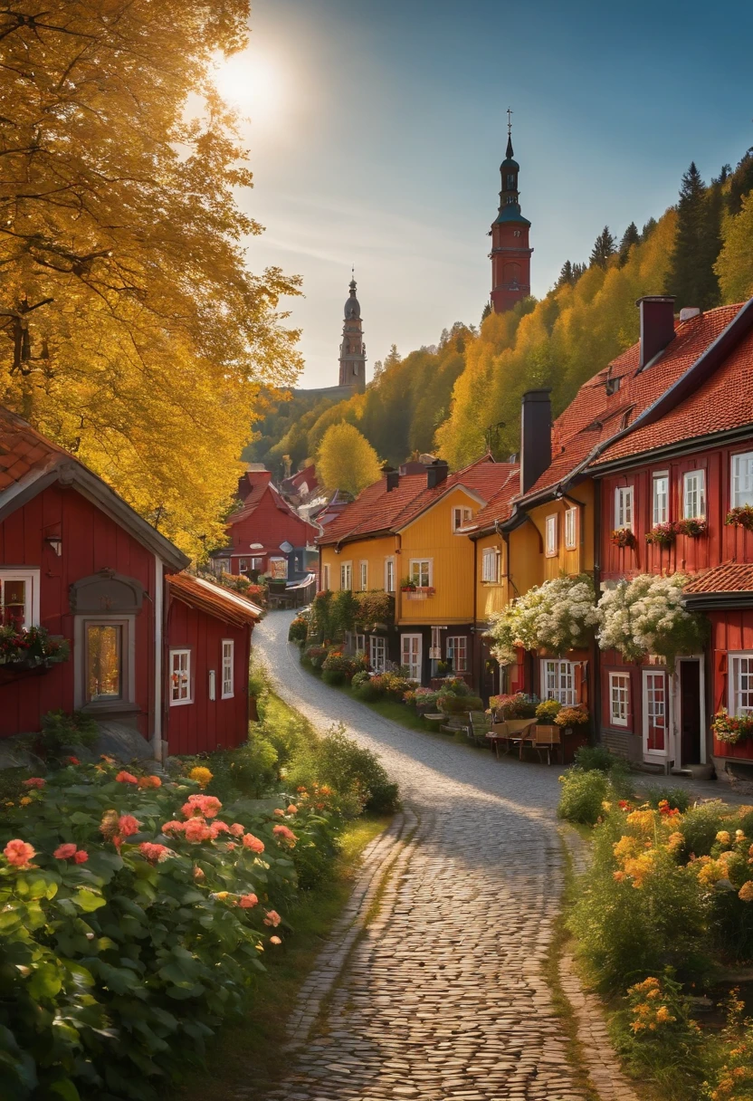 ((masterpiece)), ((best quality)), 8k, high detailed, ultra-detailed, A picturesque scene of a Swedish village. The village is nestled in a valley surrounded by lush green hills. The streets are lined with colorful wooden houses, each adorned with traditional Swedish decorations. The houses have sloping roofs and are painted in vibrant shades of red, yellow, and blue. In the center of the village, there is a charming town square with a fountain and a statue of a famous Swedish poet. The streets are cobblestone, and there are bicycles parked along the sidewalks. In the distance, you can see a serene lake shimmering under the golden rays of the setting sun. The sky is dotted with fluffy white clouds, and birds are chirping happily in the trees.