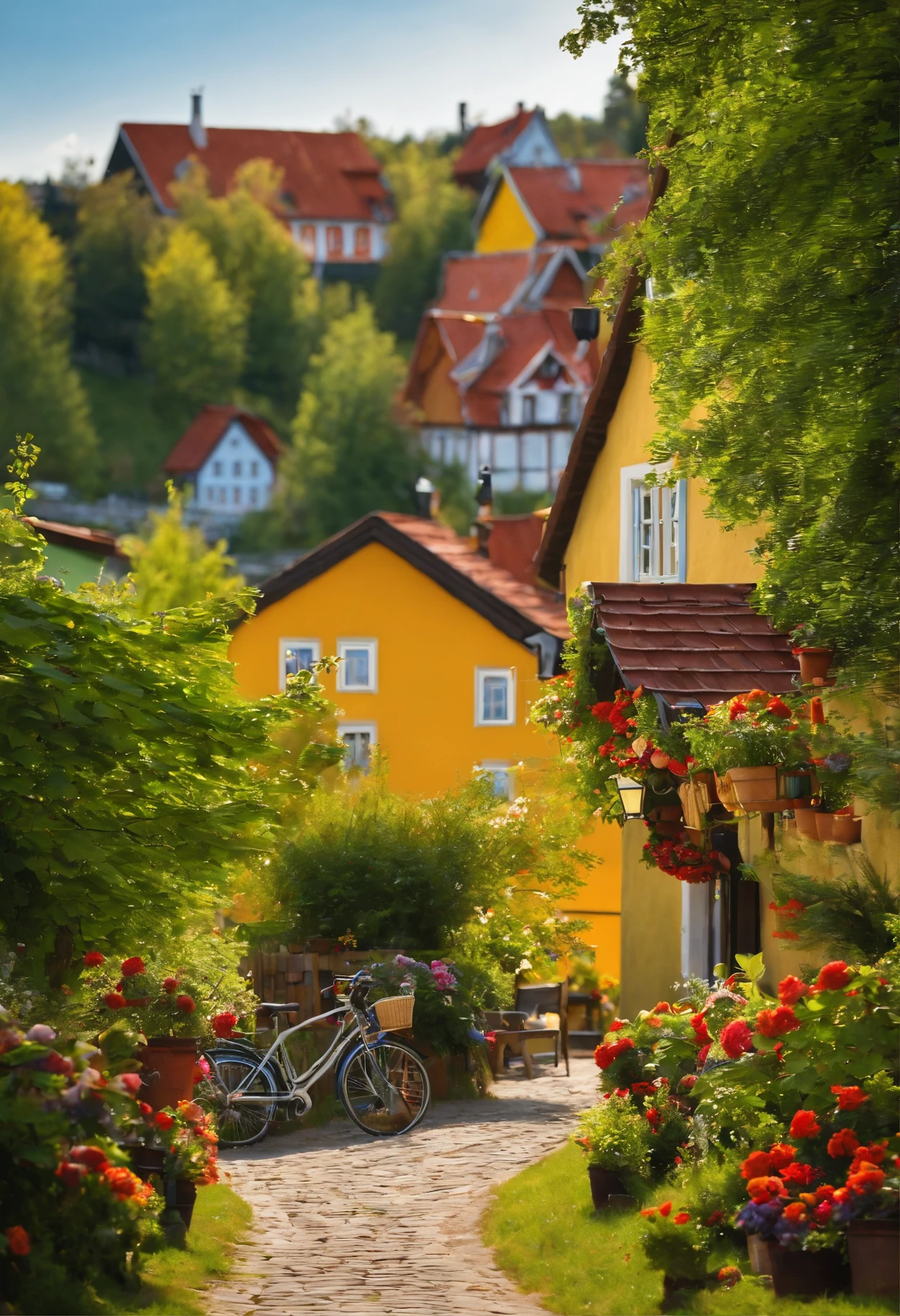 ((masterpiece)), ((best quality)), 8k, high detailed, ultra-detailed, A picturesque scene of a Swedish village. The village is nestled in a valley surrounded by lush green hills. The streets are lined with colorful wooden houses, each adorned with traditional Swedish decorations. The houses have sloping roofs and are painted in vibrant shades of red, yellow, and blue. In the center of the village, there is a charming town square with a fountain and a statue of a famous Swedish poet. The streets are cobblestone, and there are bicycles parked along the sidewalks. In the distance, you can see a serene lake shimmering under the golden rays of the setting sun. The sky is dotted with fluffy white clouds, and birds are chirping happily in the trees.