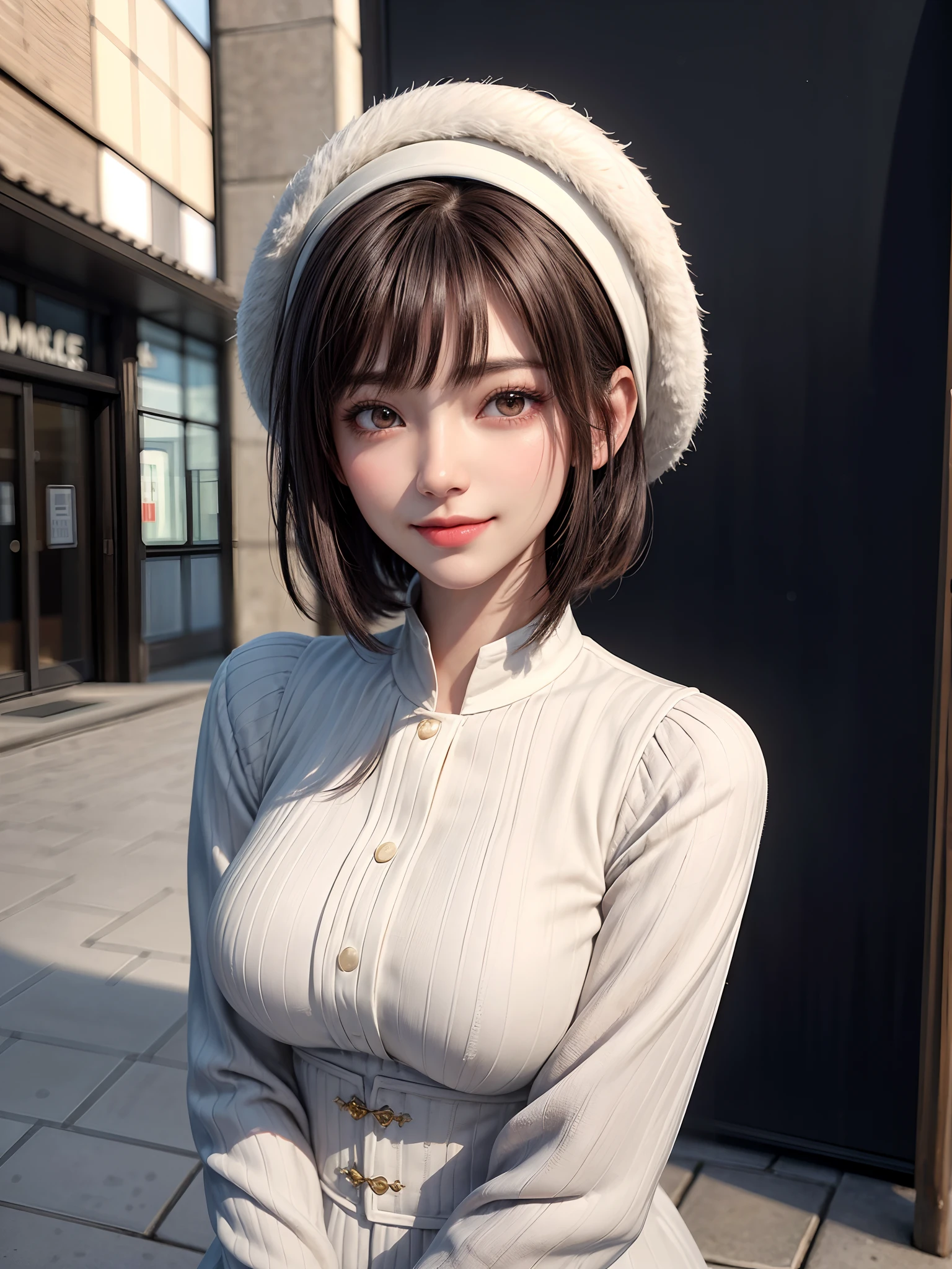 (masterpiece, top-quality、Beautiful woman full of adult charm8),1girl in, 独奏, A dark-haired, scarf, Hats,, realisitic, looking at the viewers, black eyes of light color, shorth hair, coat, Winter clothes, White headscarf, s lips, lipgloss,bangss,, a closed mouth, The upper part of the body、big eye、Lashes、((Street))、((Shorthair with bangs、big eye、Put very strong highlights in your students、very Bigger breasts、gazing at viewer、Very beautiful beauty、Put your ears out、long neck、little smiling、Close your mouth and smile)))、28 year old、Cute supermodels