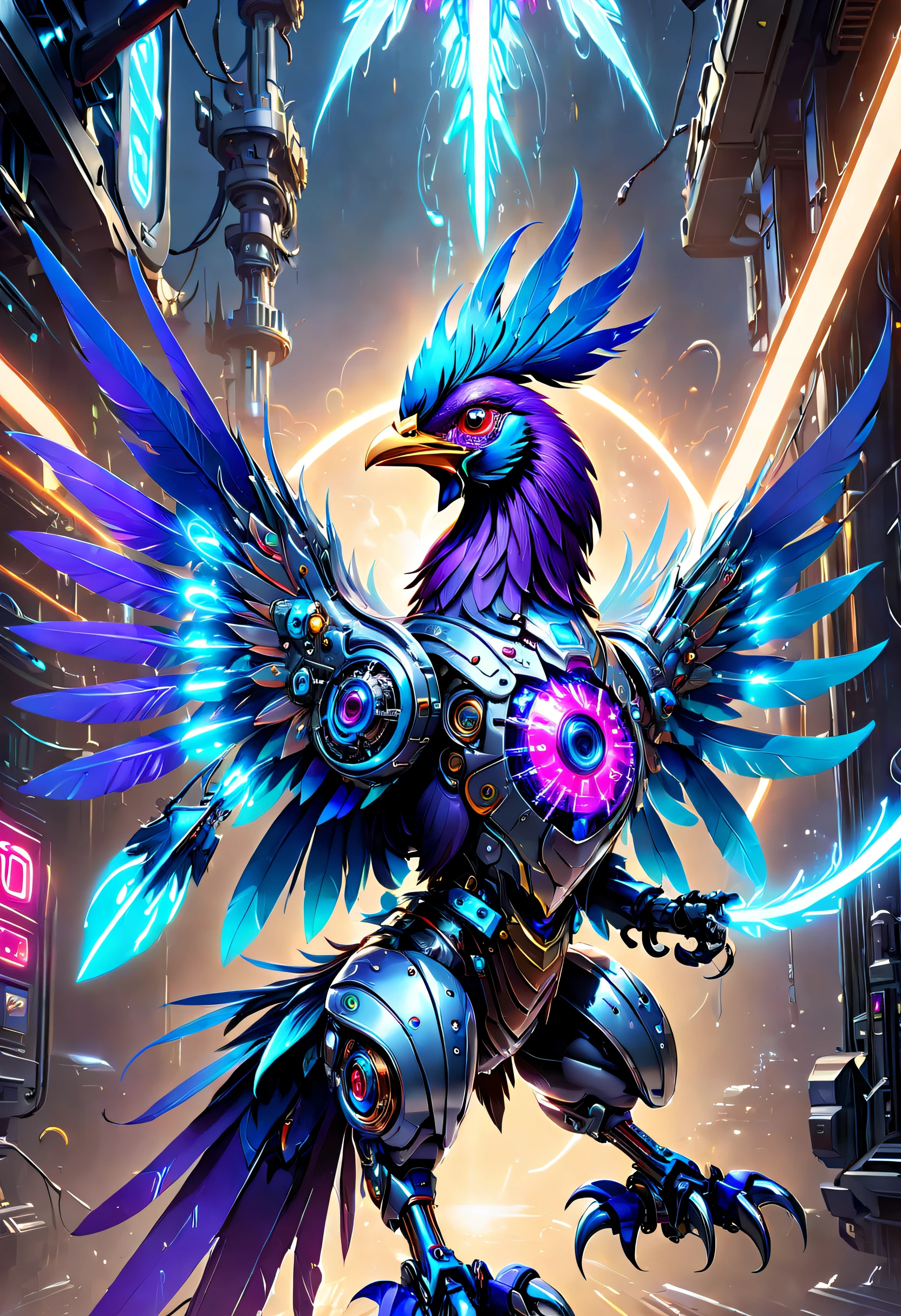 (Best quality, 8K, A high resolution, tmasterpiece:1.2), （Ultra-detailed), (Cybertron futuristic mechanical Gallic rooster), full bodyesbian, dreamy glow，luminous neon lights，High-tech mechanical parts,Metal claws and wings,Metal heads and pecks,Metal feathers,Extremely cool,Metal legs,Bionic eye,Detailed feather design,sharp beak,hovers in mid-air,Electric blue and bright purple,Vivid glowing eyes,Reflective metal surface,Interlocking mechanical gears,Dynamic and stylish design,motion blur effect,meticulous craftsmanship,Sci-fi atmosphere,Streamlined aerodynamic shape,Laser scanning pattern,holographic projections,Light-emitting circuit lines,hauntingly beautiful,Otherworldly precision,Advanced sensors,Complex algorithms,Ominous and mysterious atmosphere,electric sparks,Shiny chrome plating,Futuristic propulsion system，独奏，Medium shot，concept-art, Fantasy theme,voluminetric lighting, Global illumination, Reflection, hyper HD，The light is bright，RGB colors，vibrant with colors, Mecha musume，McCorg gear