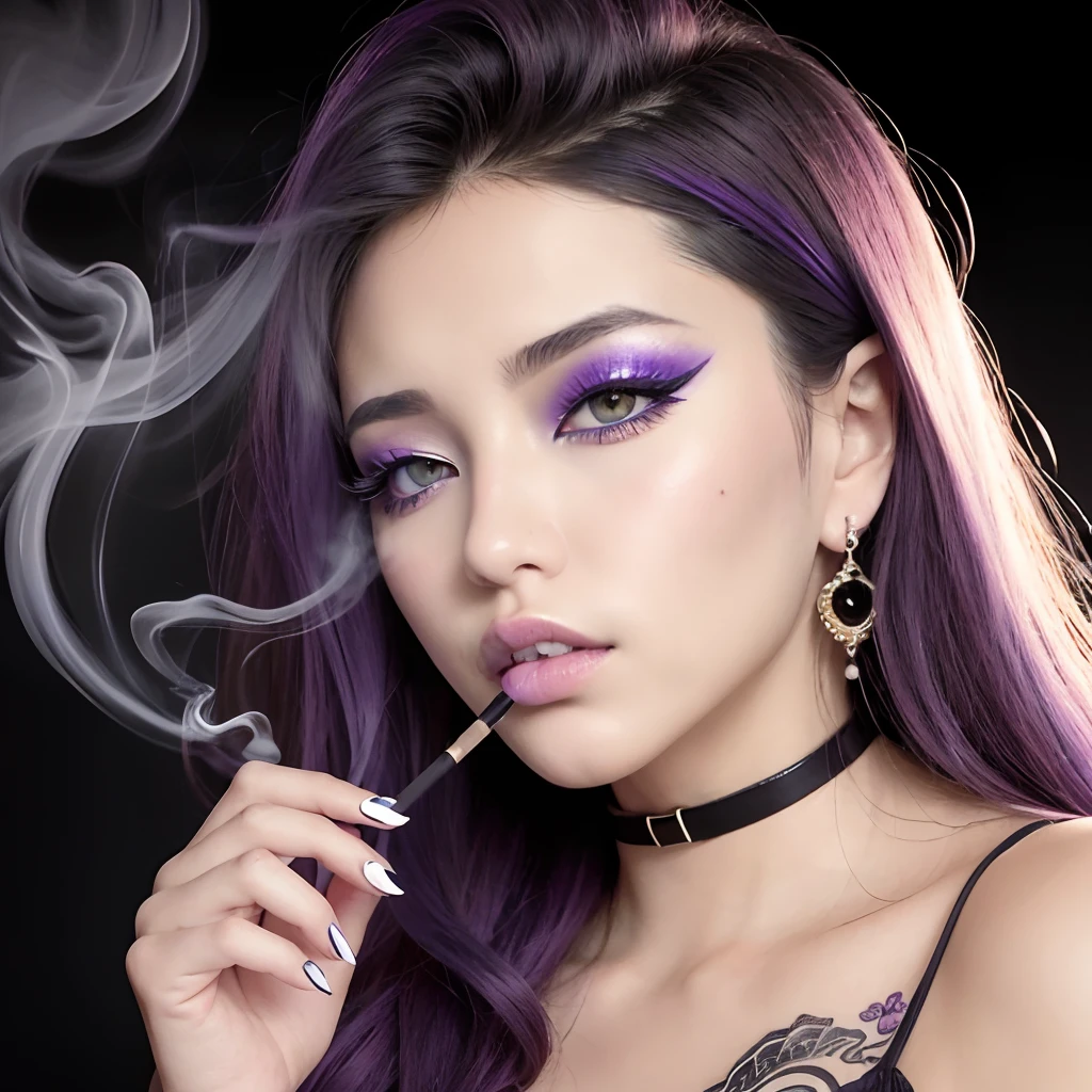 Beautuful Women、japanes、girl with、tobacco、smokeing、gal make、(thick eyeliner)、(Blue Eyeshadow)、tobacco、Smoking、Smoking fetish、heavy make-up、bitch make up、a lot of smoke、purple lip、The tattoo