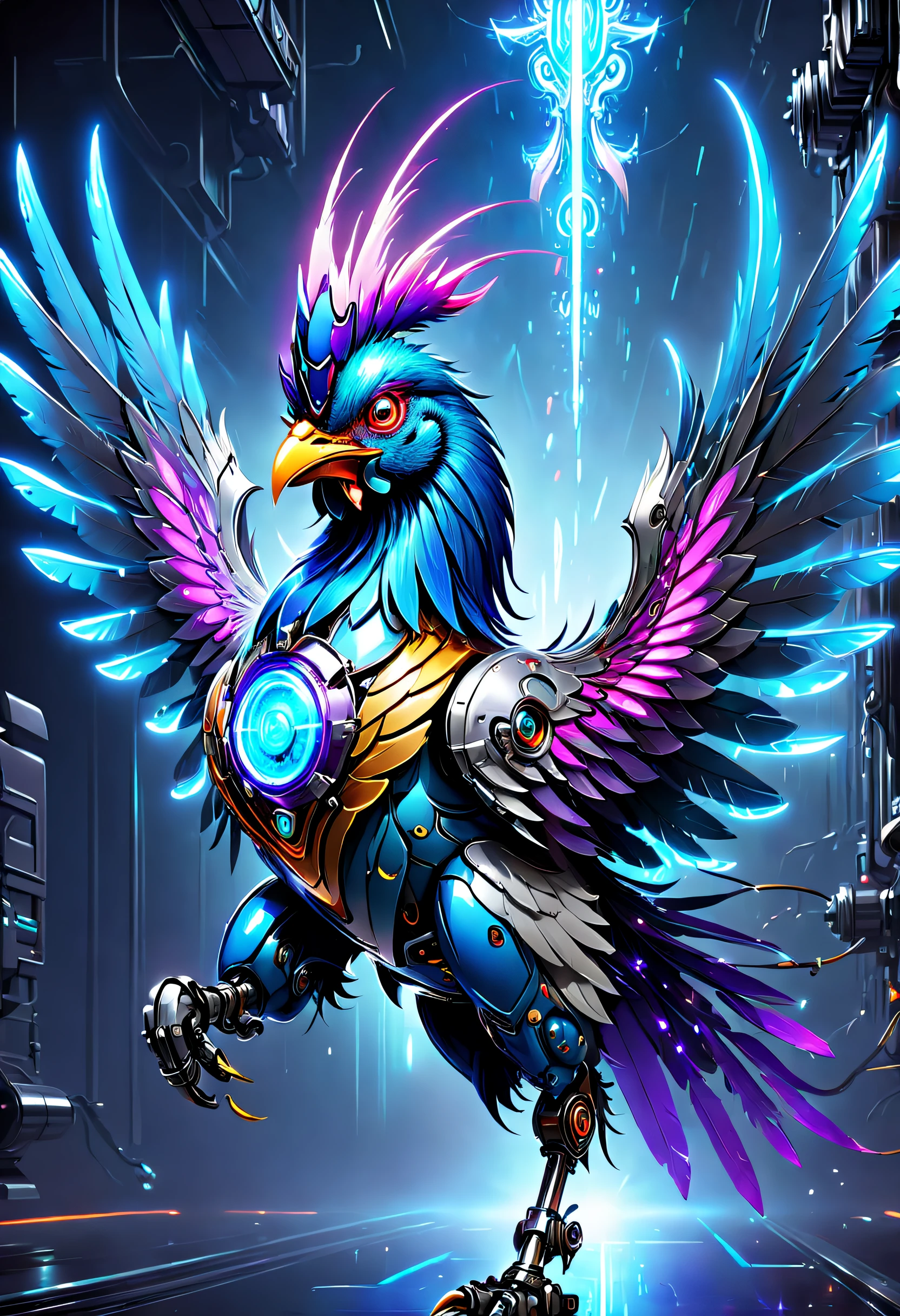 (Best quality, 8K, A high resolution, tmasterpiece:1.2), （Ultra-detailed), (Cybertron futuristic mechanical Gallic rooster), full bodyesbian, dreamy glow，luminous neon lights，High-tech mechanical parts,Metal claws and wings,Metal heads and pecks,Metal feathers,Extremely cool,Metal legs,Bionic eye,Detailed feather design,sharp beak,hovers in mid-air,Electric blue and bright purple,Vivid glowing eyes,Reflective metal surface,Interlocking mechanical gears,Dynamic and stylish design,motion blur effect,meticulous craftsmanship,Sci-fi atmosphere,Streamlined aerodynamic shape,Laser scanning pattern,holographic projections,Light-emitting circuit lines,hauntingly beautiful,Otherworldly precision,Advanced sensors,Complex algorithms,Ominous and mysterious atmosphere,electric sparks,Shiny chrome plating,Futuristic propulsion system，独奏，Medium shot，concept-art, Fantasy theme,voluminetric lighting, Global illumination, Reflection, hyper HD，The light is bright，RGB colors，vibrant with colors, Mecha musume，McCorg gear