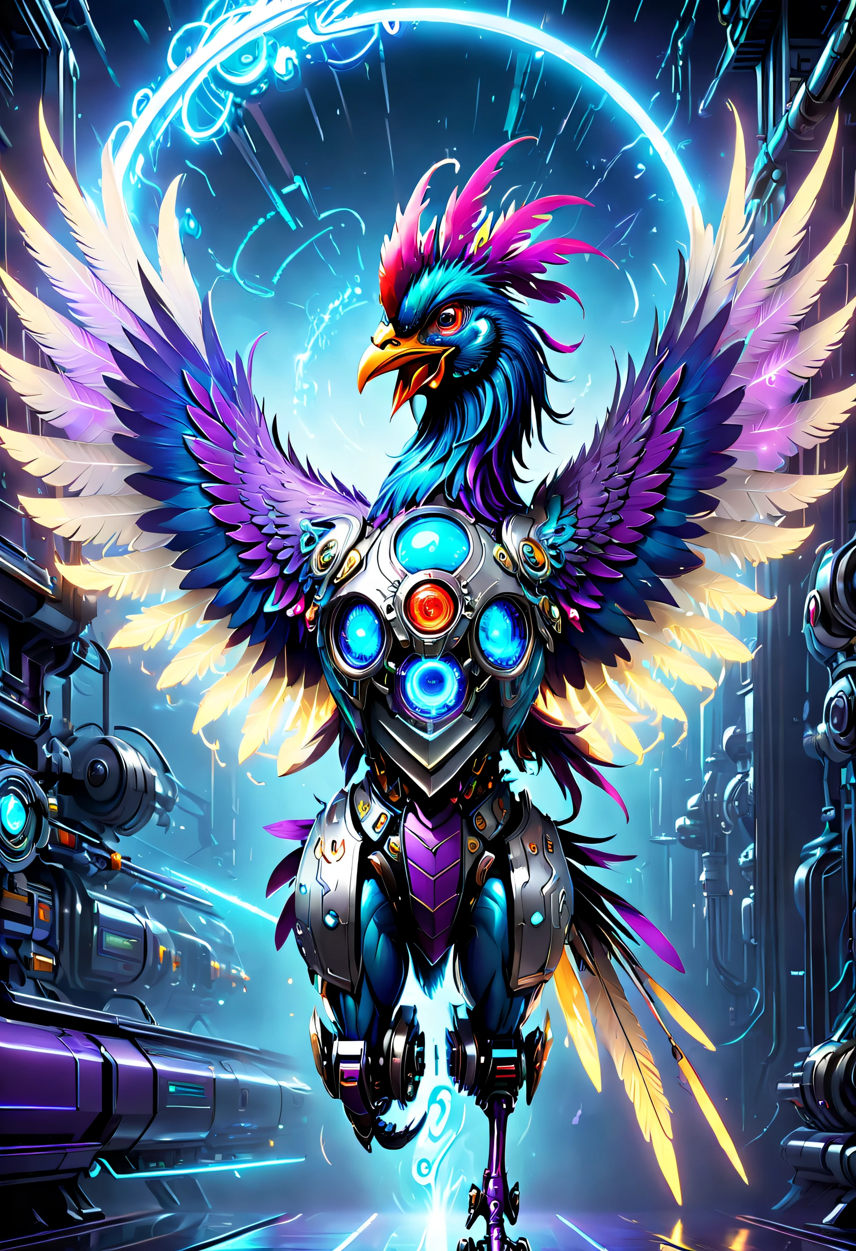 (Best quality, 8K, A high resolution, tmasterpiece:1.2), (Ultra-detailed), (Cybertron futuristic mechanical Gallic rooster), full bodyesbian, dreamy glow,luminous neon lights,High-tech mechanical parts,Metal claws and wings,Metal heads and pecks,Metal feathers,Extremely cool,Metal legs,Bionic eye,Detailed feather design,sharp beak,hovers in mid-air,Electric blue and bright purple,Vivid glowing eyes,Reflective metal surface,Interlocking mechanical gears,Dynamic and stylish design,motion blur effect,meticulous craftsmanship,Sci-fi atmosphere,Streamlined aerodynamic shape,Laser scanning pattern,holographic projections,Light-emitting circuit lines,hauntingly beautiful,Otherworldly precision,Advanced sensors,Complex algorithms,Ominous and mysterious atmosphere,electric sparks,Shiny chrome plating,Futuristic propulsion system,独奏,Medium shot,concept-art, Fantasy theme,voluminetric lighting, Global illumination, Reflection, hyper HD,The light is bright,RGB colors,vibrant with colors, Mecha musume,McCorg gear