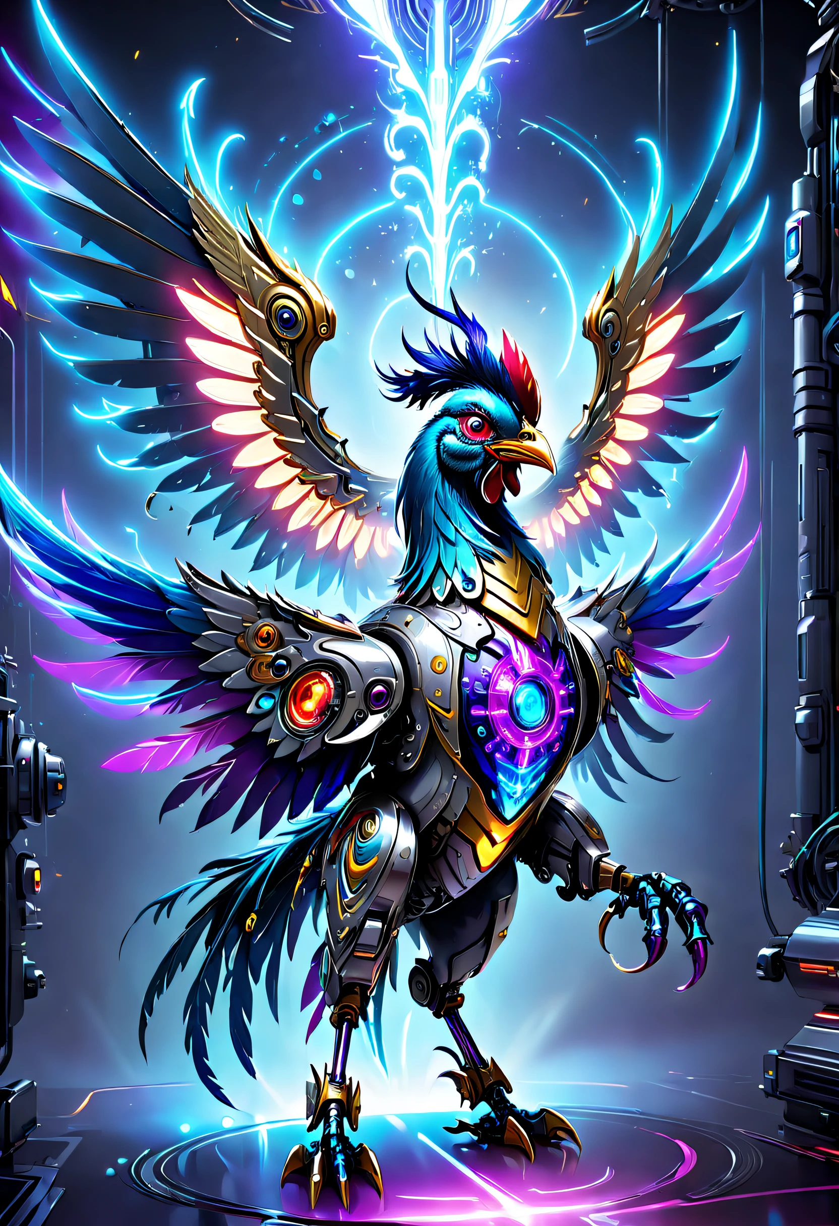 (Best quality, 8K, A high resolution, tmasterpiece:1.2), （Ultra-detailed), (Cybertron futuristic mechanical Gallic rooster), full bodyesbian, dreamy glow，luminous neon lights，High-tech mechanical parts,Metal claws and wings,Metal heads and pecks,Metal feathers,Extremely cool,Metal legs,Bionic eye,Detailed feather design,sharp beak,hovers in mid-air,Electric blue and bright purple,Vivid glowing eyes,Reflective metal surface,Interlocking mechanical gears,Dynamic and stylish design,motion blur effect,meticulous craftsmanship,Sci-fi atmosphere,Streamlined aerodynamic shape,Laser scanning pattern,holographic projections,Light-emitting circuit lines,hauntingly beautiful,Otherworldly precision,Advanced sensors,Complex algorithms,Ominous and mysterious atmosphere,electric sparks,Shiny chrome plating,Futuristic propulsion system，独奏，Medium shot，concept-art, Fantasy theme,voluminetric lighting, Global illumination, Reflection, hyper HD，The light is bright，RGB colors，vibrant with colors, Mecha musume，McCorg gear