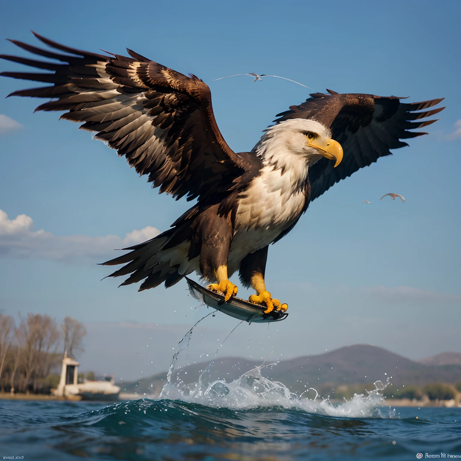 Eastern Imperial Eagle is flying, catching fish in the water, realistic, highly sharp. Very detailed, close-up.