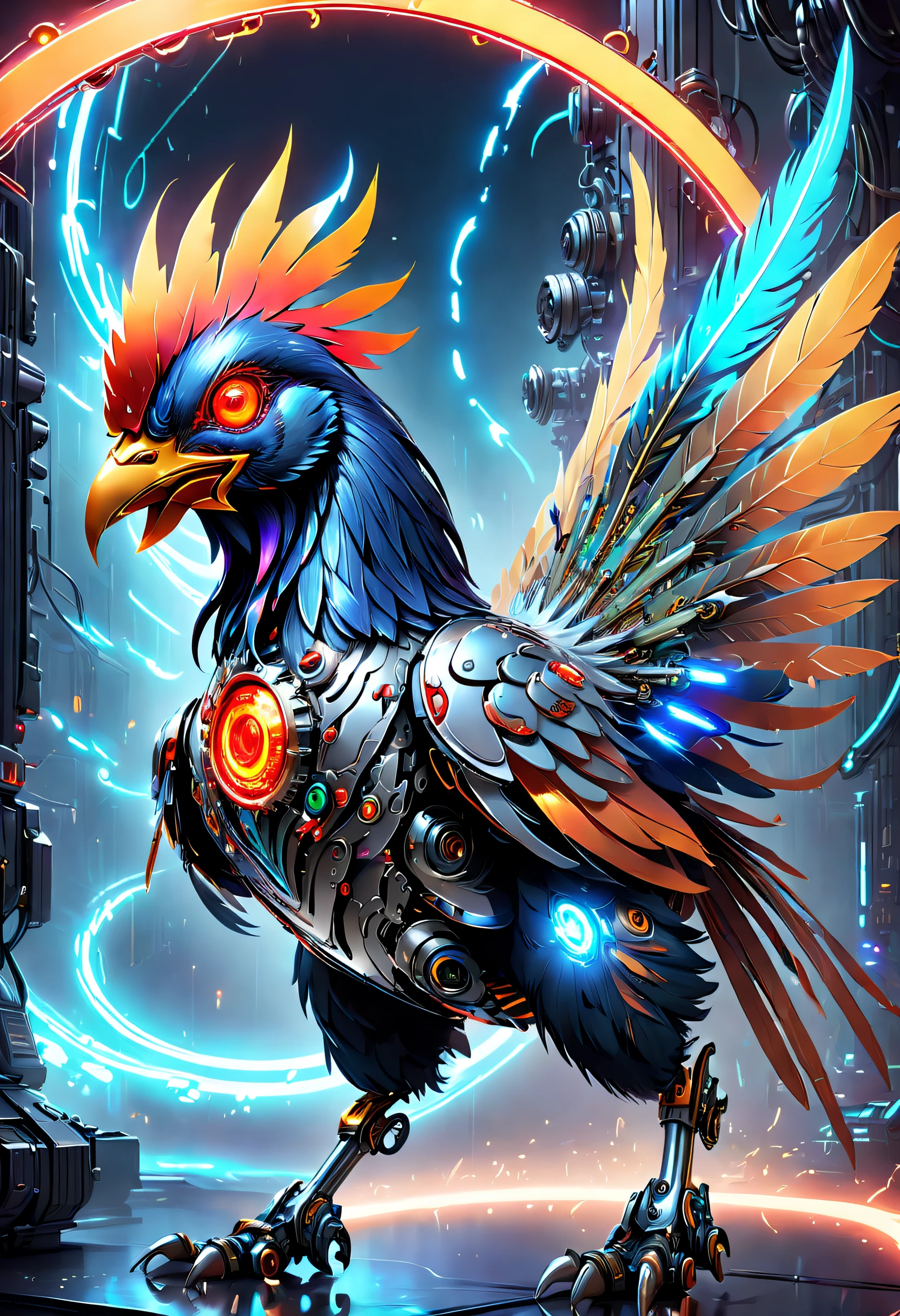 (Best quality, 8K, A high resolution, tmasterpiece:1.2), （Ultra-detailed), (Cybertron futuristic mechanical Gallic rooster), full bodyesbian, dreamy glow，luminous neon lights，Cyberpunk high-tech mechanical parts,Metal claws and wings,Metal heads and pecks,Metal feathers,Extremely cool,Metal legs,Bionic eye,Detailed feather design,sharp beak,hovers in mid-air,Electric red and bright orange,Vivid glowing eyes,Reflective metal surface,Interlocking mechanical gears,Dynamic and stylish design,motion blur effect,meticulous craftsmanship,Sci-fi atmosphere,Streamlined aerodynamic shape,Laser scanning pattern,holographic projections,Light-emitting circuit lines,hauntingly beautiful,Otherworldly precision,Advanced sensors,Complex algorithms,Ominous and mysterious atmosphere,electric sparks,Shiny chrome plating,Futuristic propulsion system，独奏，Medium shot，concept-art, Fantasy theme,voluminetric lighting, Global illumination, Reflection, hyper HD，The light is bright，RGB colors，vibrant with colors, Mecha musume，McCorg gear，cyber punk style