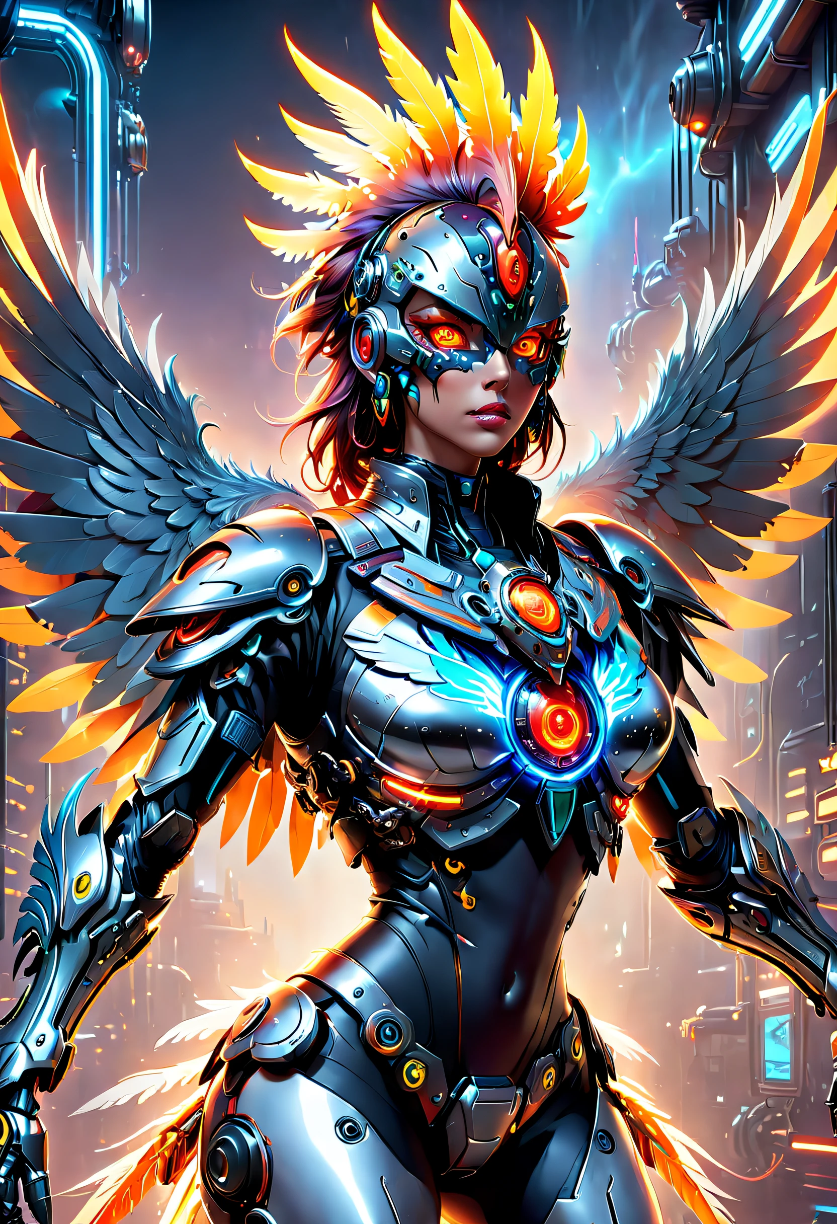 (Best quality, 8K, A high resolution, tmasterpiece:1.2), （Ultra-detailed), (Cybertron futuristic mechanical Gallic rooster), full bodyesbian, dreamy glow，luminous neon lights，Cyberpunk high-tech mechanical parts,Metal claws and wings,Metal heads and pecks,Metal feathers,Extremely cool,Metal legs,Bionic eye,Detailed feather design,sharp beak,hovers in mid-air,Electric red and bright orange,Vivid glowing eyes,Reflective metal surface,Interlocking mechanical gears,Dynamic and stylish design,motion blur effect,meticulous craftsmanship,Sci-fi atmosphere,Streamlined aerodynamic shape,Laser scanning pattern,holographic projections,Light-emitting circuit lines,hauntingly beautiful,Otherworldly precision,Advanced sensors,Complex algorithms,Ominous and mysterious atmosphere,electric sparks,Shiny chrome plating,Futuristic propulsion system，独奏，Medium shot，concept-art, Fantasy theme,voluminetric lighting, Global illumination, Reflection, hyper HD，The light is bright，RGB colors，vibrant with colors, Mecha musume，McCorg gear，cyber punk style