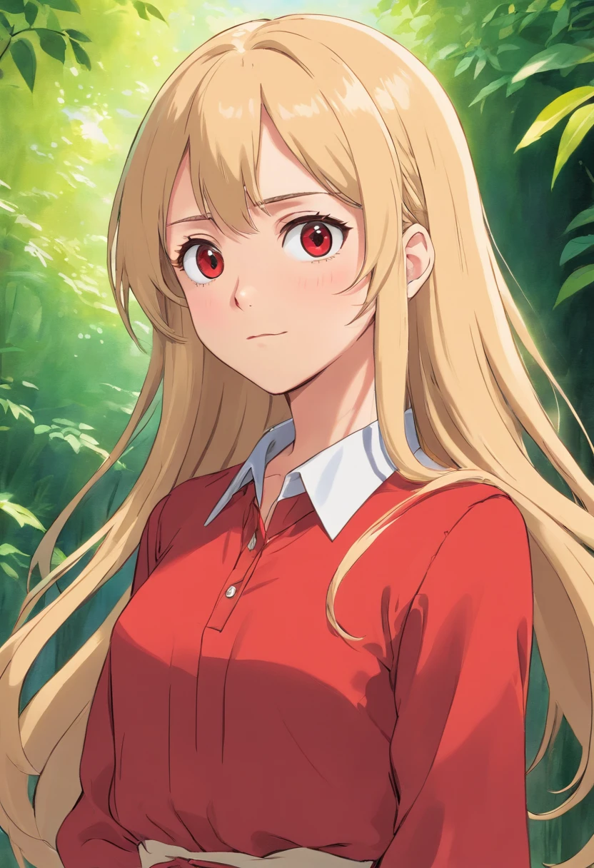 Woman Wearing Red Blouse Long Hair And Medium Blonde Brown Eyes Anime