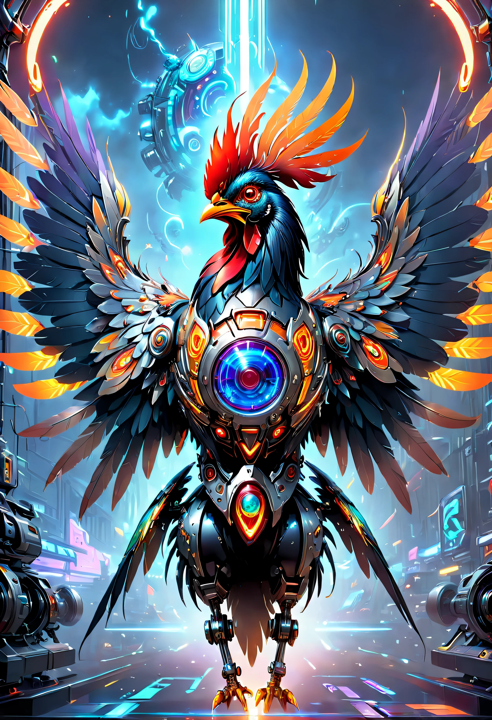 (Best quality, 8K, A high resolution, tmasterpiece:1.2), （Ultra-detailed), (Cybertron futuristic mechanical Gallic rooster), full bodyesbian, dreamy glow，luminous neon lights，Cyberpunk high-tech mechanical parts,Metal claws and wings,Metal heads and pecks,Metal feathers,Extremely cool,Metal legs,Bionic eye,Detailed feather design,sharp beak,hovers in mid-air,Electric red and bright orange,Vivid glowing eyes,Reflective metal surface,Interlocking mechanical gears,Dynamic and stylish design,motion blur effect,meticulous craftsmanship,Sci-fi atmosphere,Streamlined aerodynamic shape,Laser scanning pattern,holographic projections,Light-emitting circuit lines,hauntingly beautiful,Otherworldly precision,Advanced sensors,Complex algorithms,Ominous and mysterious atmosphere,electric sparks,Shiny chrome plating,Futuristic propulsion system，独奏，Medium shot，concept-art, Fantasy theme,voluminetric lighting, Global illumination, Reflection, hyper HD，The light is bright，RGB colors，vibrant with colors, Mecha musume，McCorg gear，cyber punk style