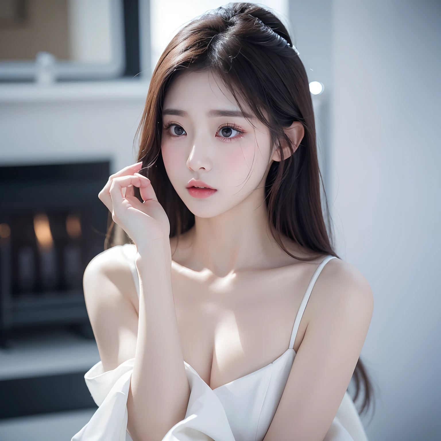 Cold beauty White dress Eyes that want to cry Chu Chu pitiful hands that can't be clenched An expression of reluctance
