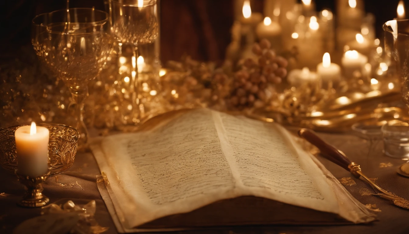 Bring a parchment with cursive writing, in gold with subtle sparks around it.