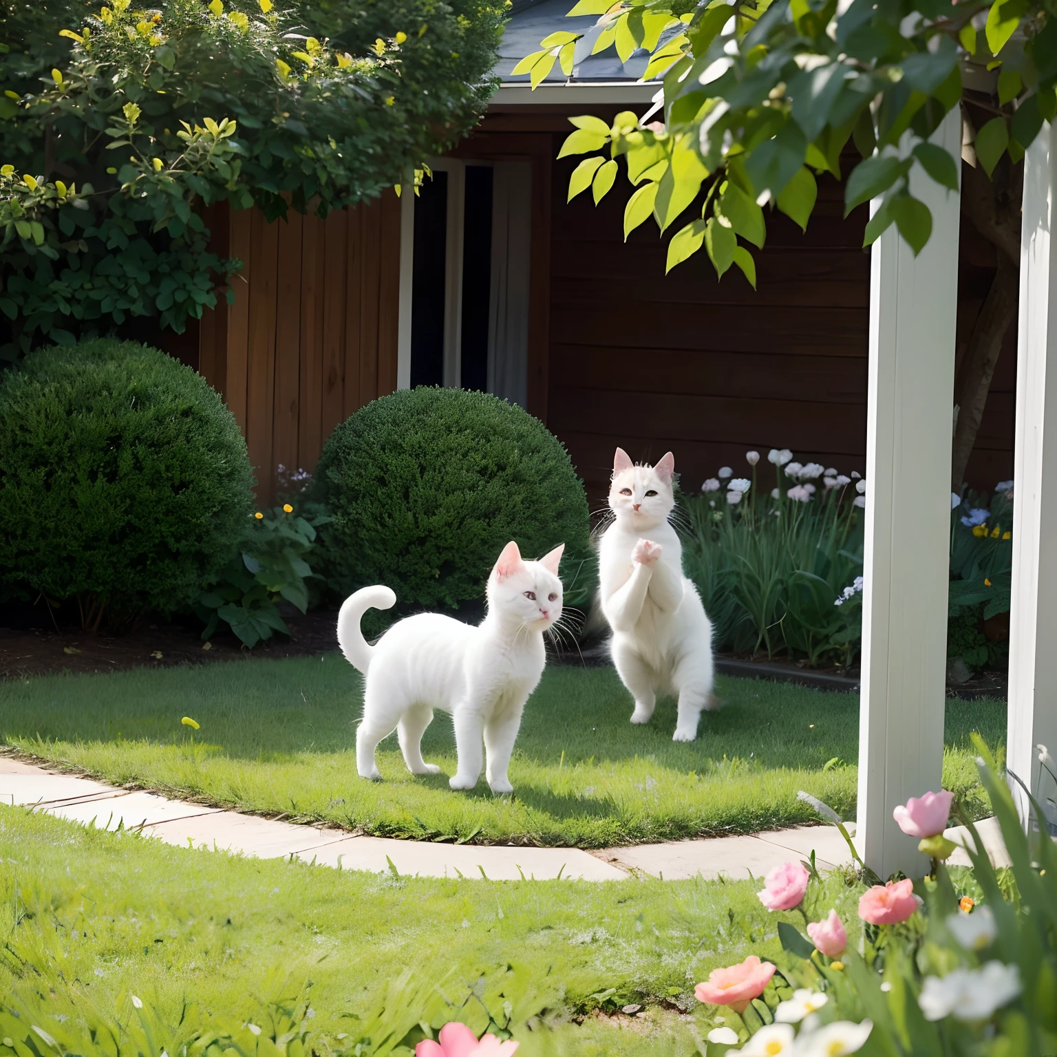 There are two kittens frolicking in the yard,A three-flowered cat,a white cat