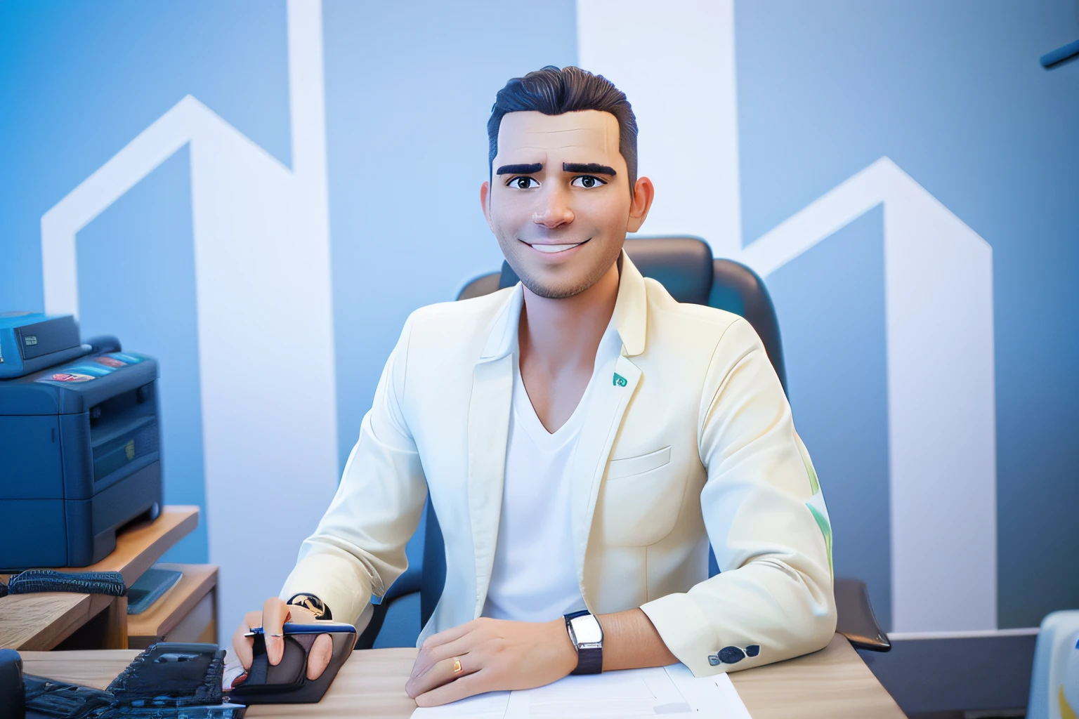 homem sorridente em terno branco sentado na mesa com computador e impressora, iris dos olhos verdes, david rios ferreira, Henry Alvim Correa, caio santos, icaro carvalho, daniel mirante, Raphael Personnaz, henry ascensio, Linha Yesilbas, eliran kantor, Eytan Zana, edin durmisevic, Alex Yanes