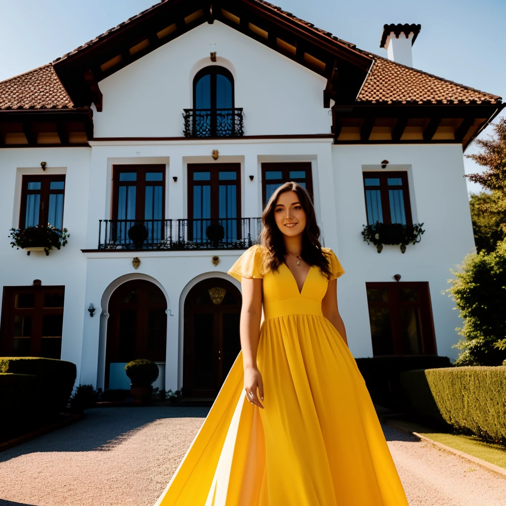 22 year old German girl in front of a mansion wearing a gorgeous dress