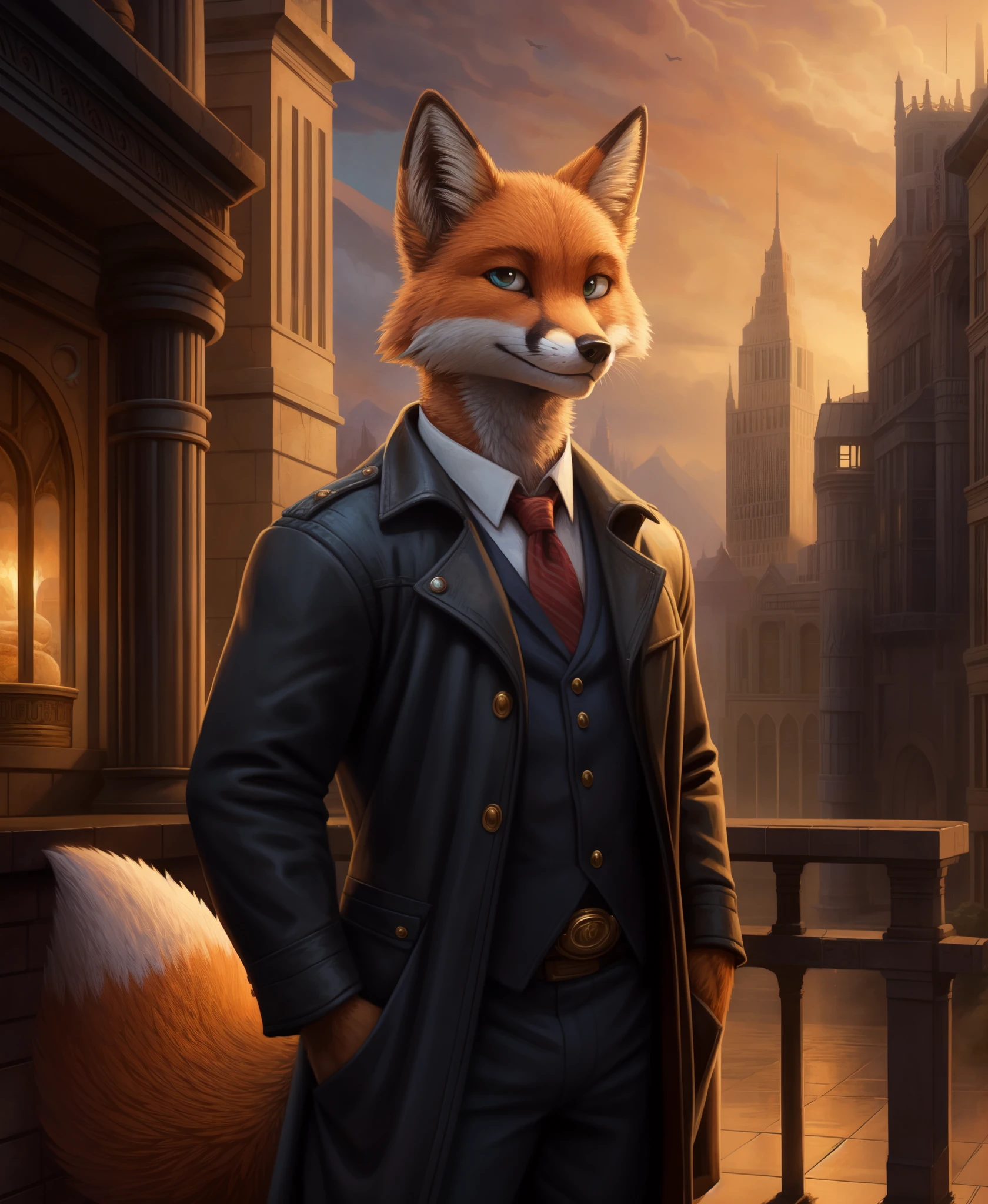 portrait, fox, clothed, standing, [[Dan Mumford:Andy Kehoe:0.5]:Greg Simkins:0.6], cinematic, complex background