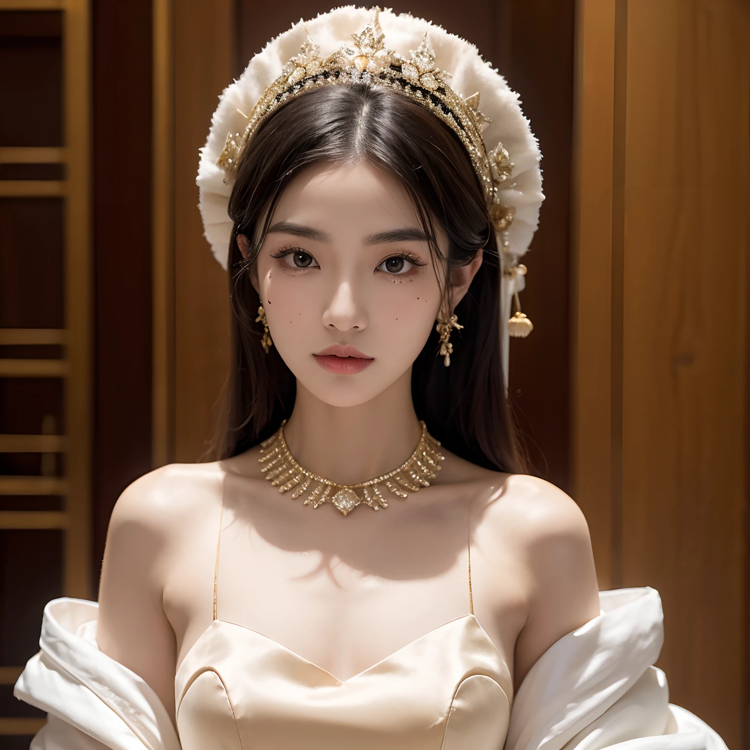 An oriental beauty wearing a court dress with a blessed mole on her eyebrows